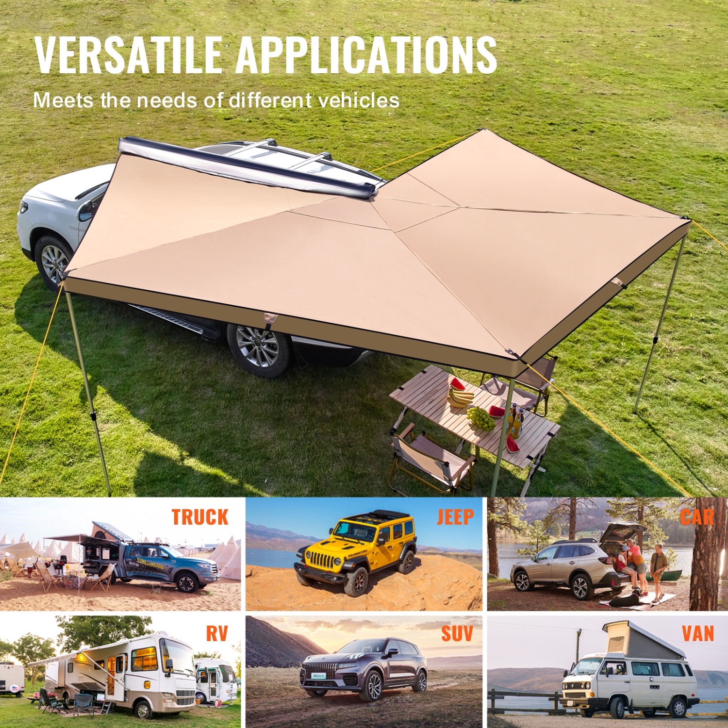 VEVOR 270 Degree Vehicle Awning, 8.2' Height Retractable Car Side Awning, PU3000mm UV50+ Car Awning with Waterproof Storage Bag, Suitable for Truck,