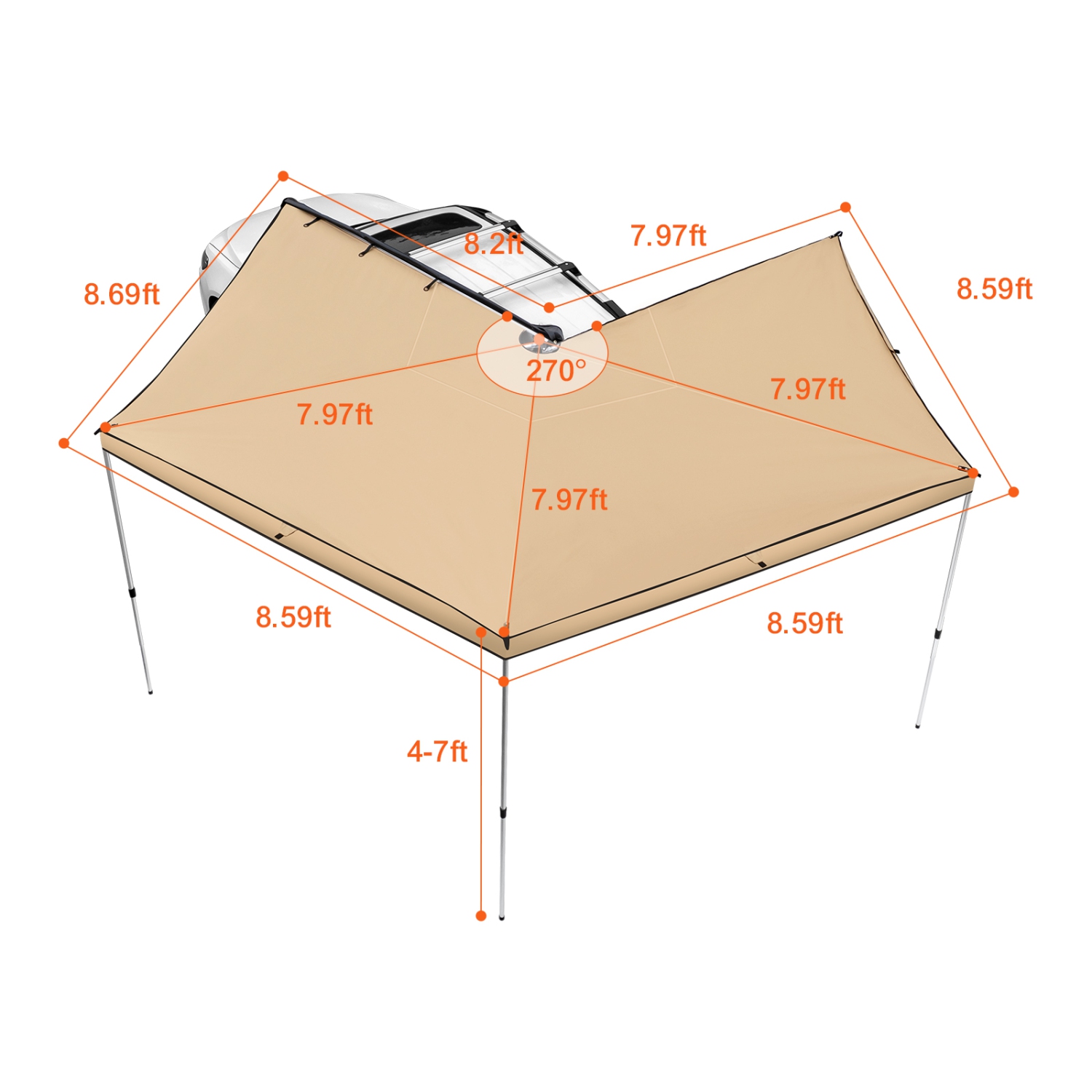 VEVOR 270 Degree Vehicle Awning, 8.2' Height Retractable Car Side Awning, PU3000mm UV50+ Car Awning with Waterproof Storage Bag, Suitable for Truck,