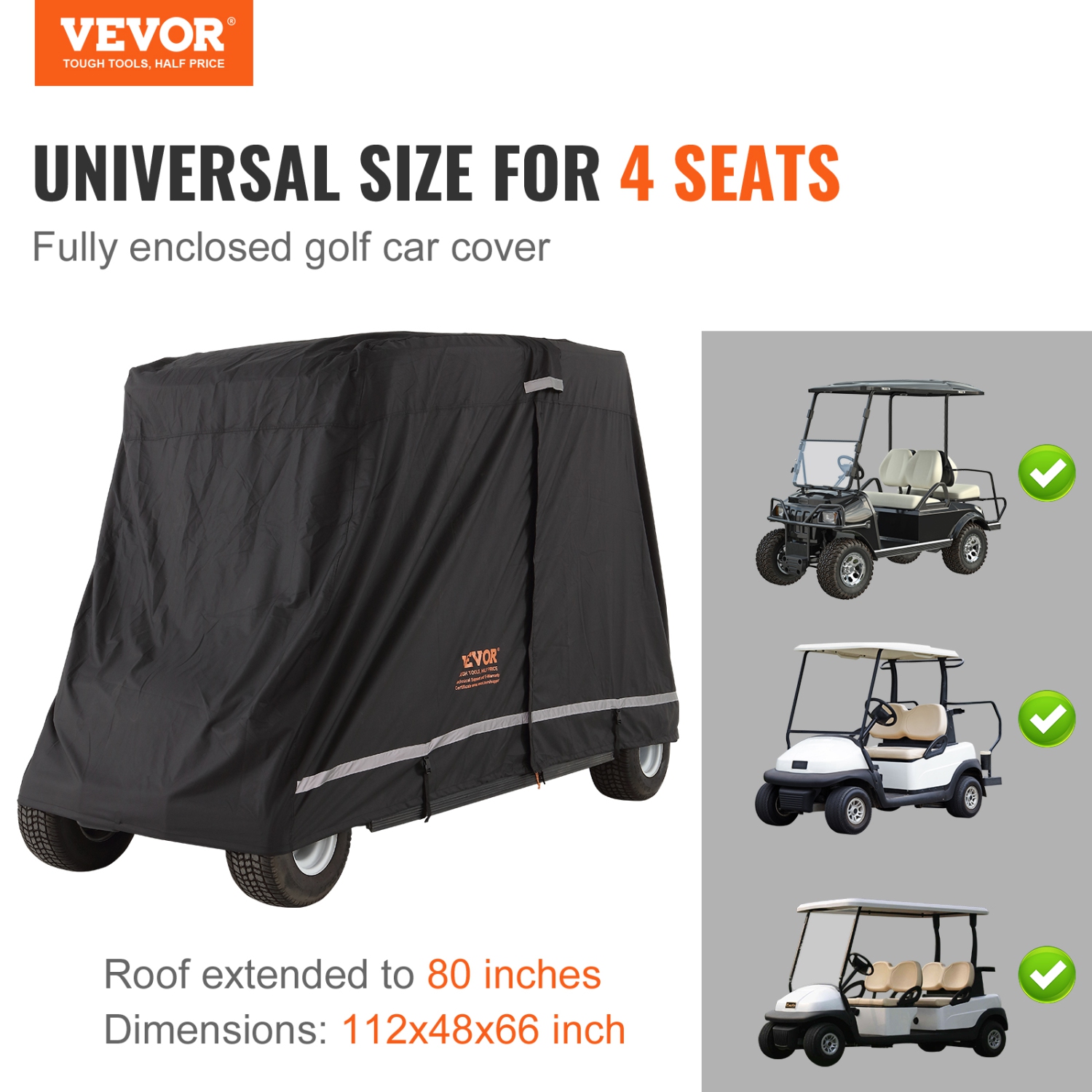 VEVOR 600D Polyester Full Cover, 4 Passenger Golf Cart Cover, Universal Fits for Most Brand Club Car Covers, Waterproof, Sunproof, and Dustproof