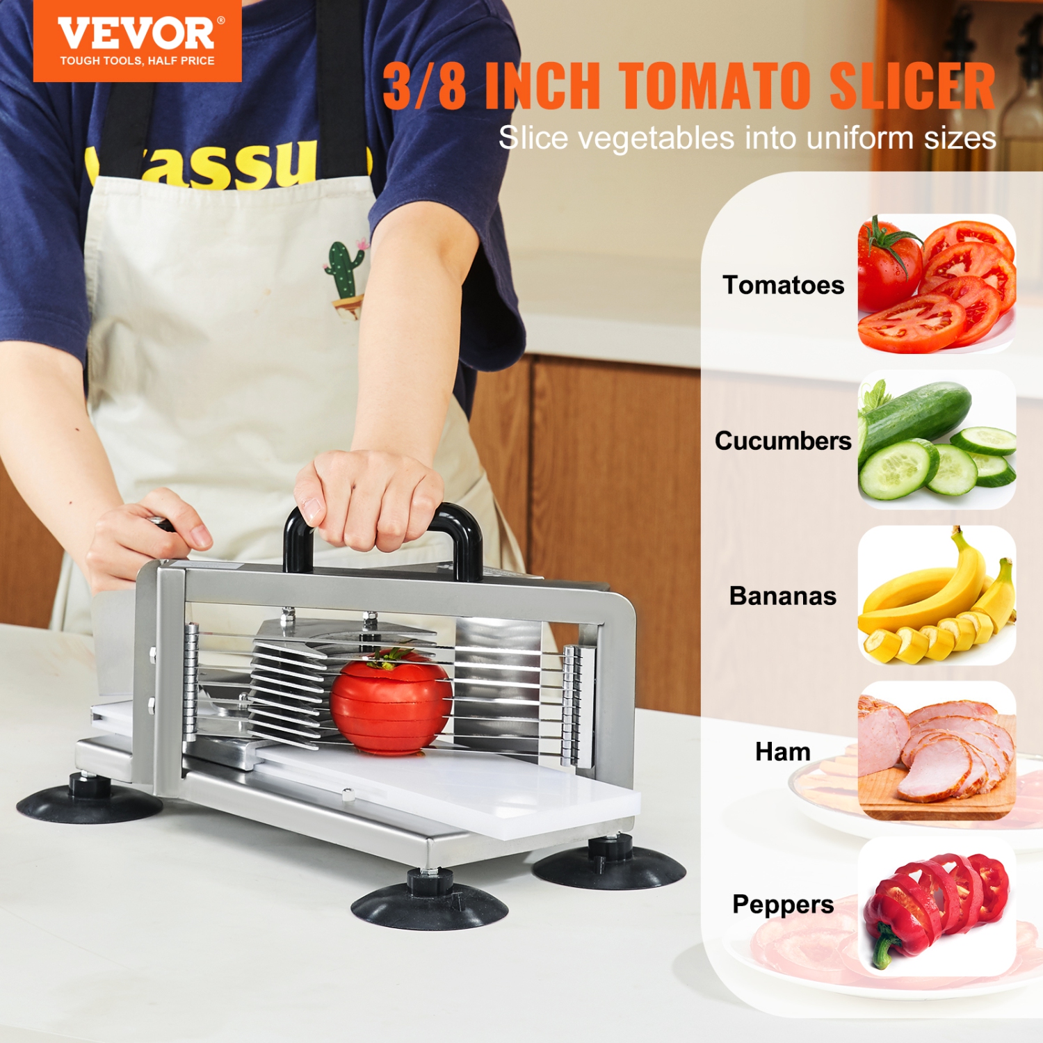 VEVOR 3/8 inch Commercial Tomato Slicer, Tomato Cutter Slicer, Stainless Steel Heavy Duty Tomato Slicer Machine, Manual Tomato Slicer with Non-slip