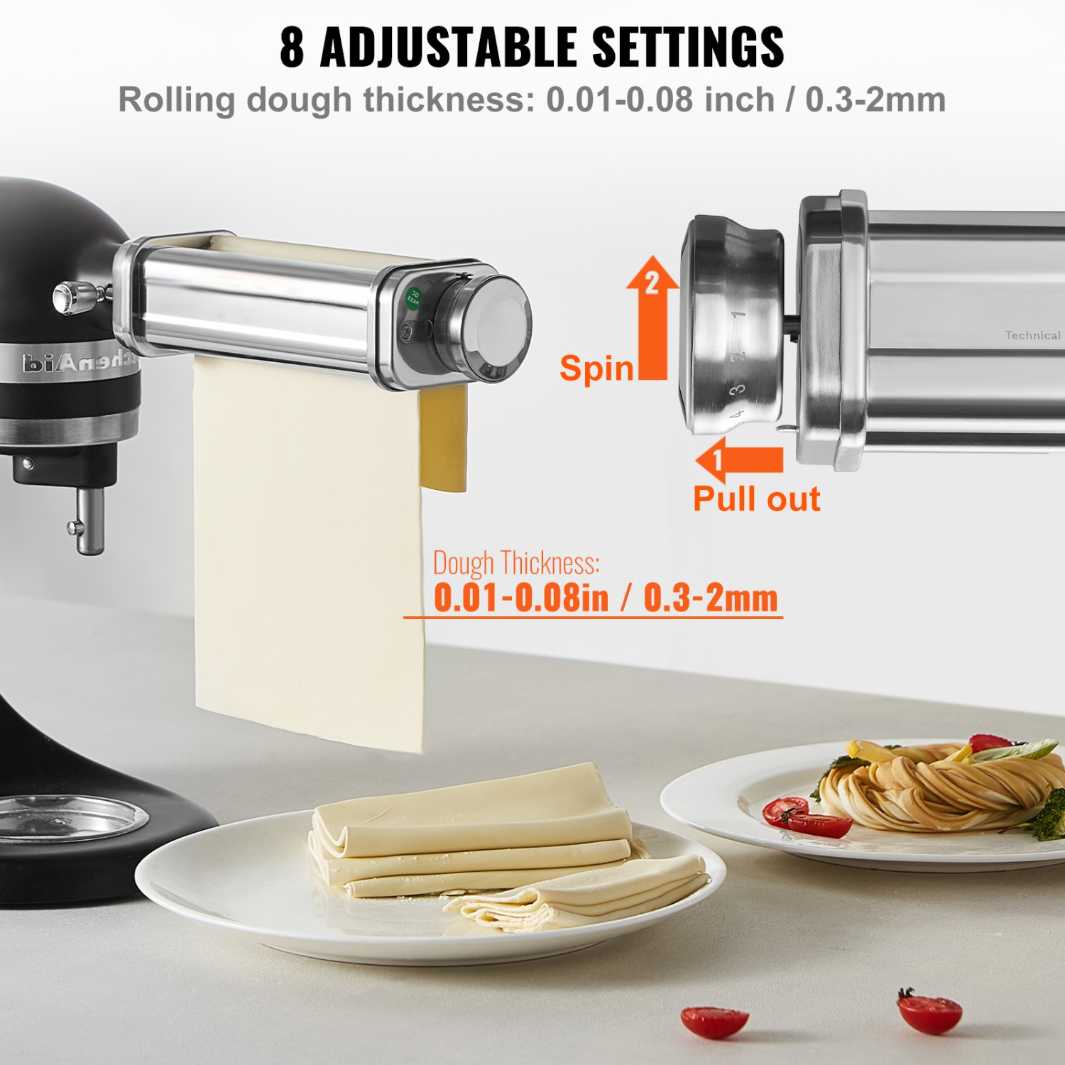 VEVOR Pasta Attachment for KitchenAid Stand Mixer, Stainless Steel Pasta Sheet Roller Attachment, Pasta Maker Machine Accessory with 8 Adjustable
