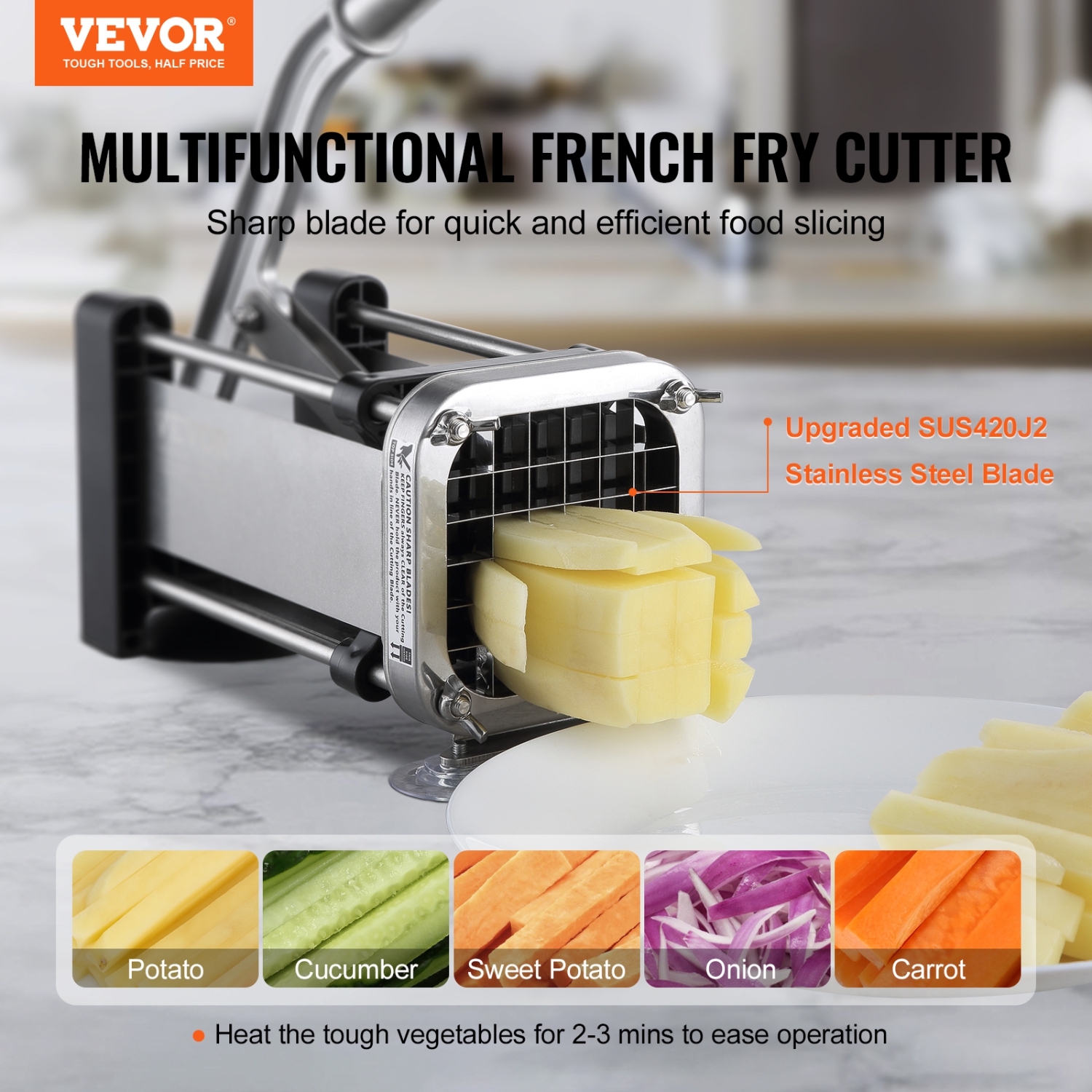 VEVOR French Fry Cutter, Potato Slicer with 1/2-Inch Stainless Steel Blade, Manual Potato Cutter Chopper with Suction Cups, Great for Potato, French