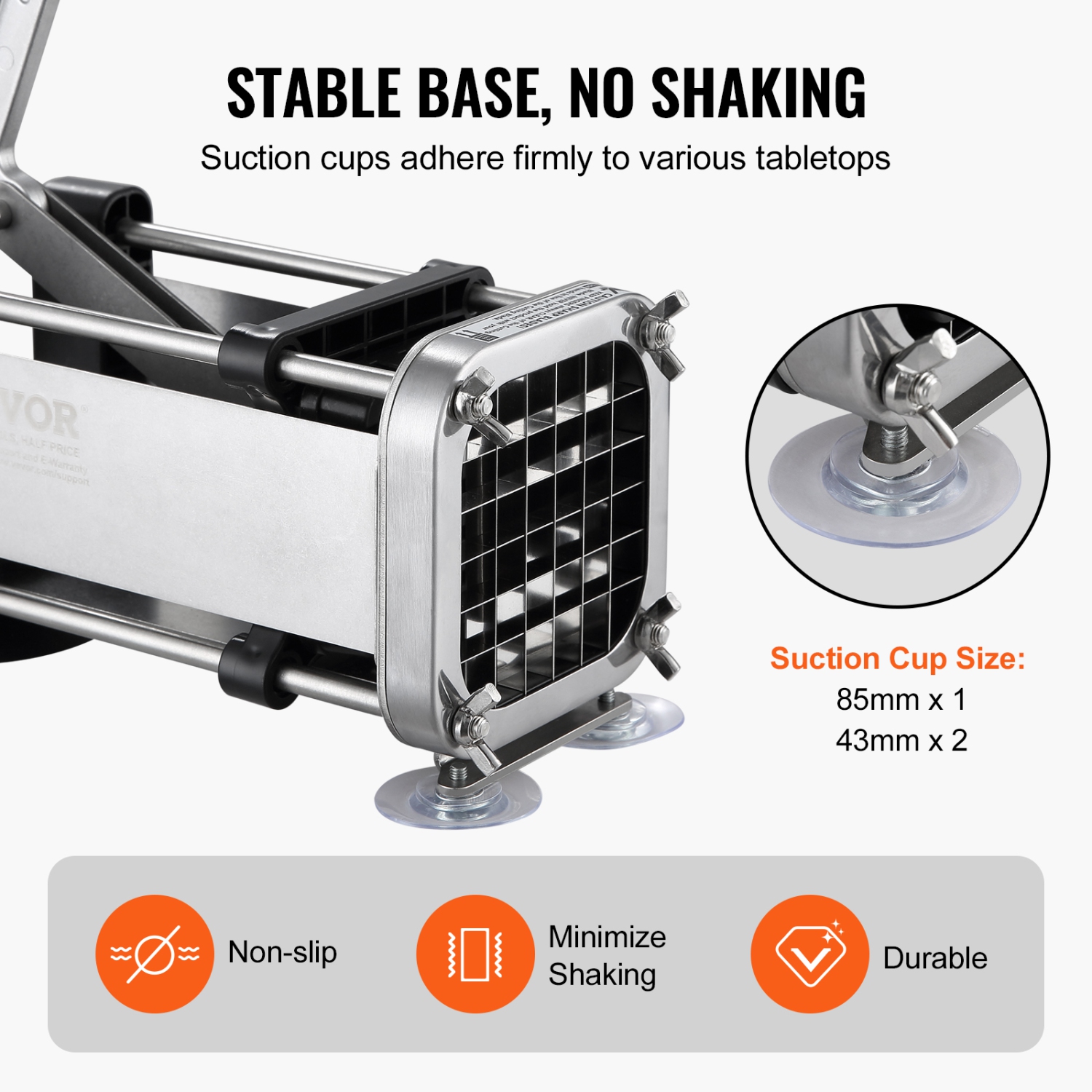 VEVOR French Fry Cutter, Potato Slicer with 1/2-Inch Stainless Steel Blade, Manual Potato Cutter Chopper with Suction Cups, Great for Potato, French