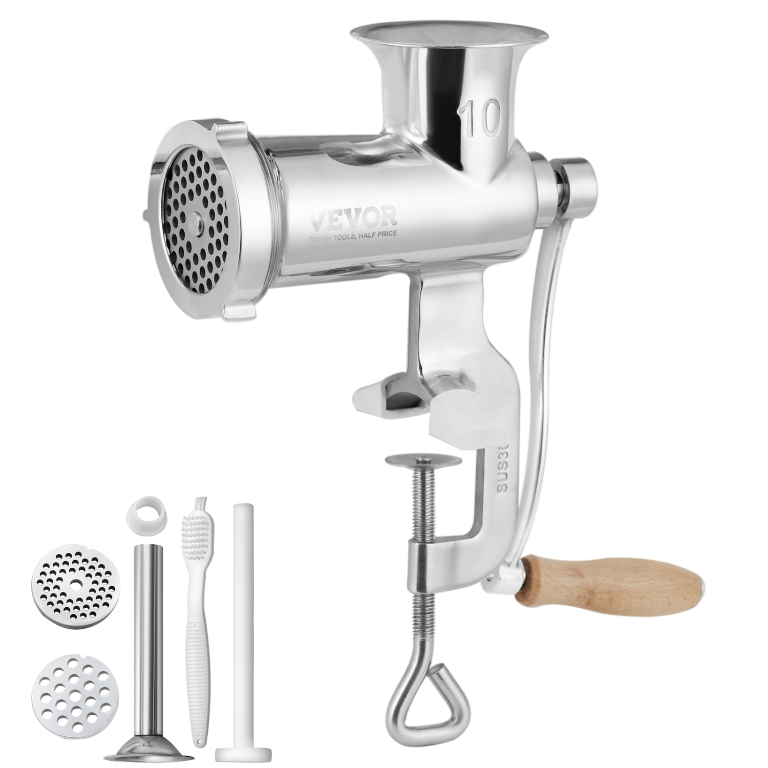 VEVOR Manual Meat Grinder, 304 Stainless Steel Hand Meat Grinder with Steel Table Clamp, Meat Sausage Maker with 1 Cutting Blade, 2 Cutting Plates,