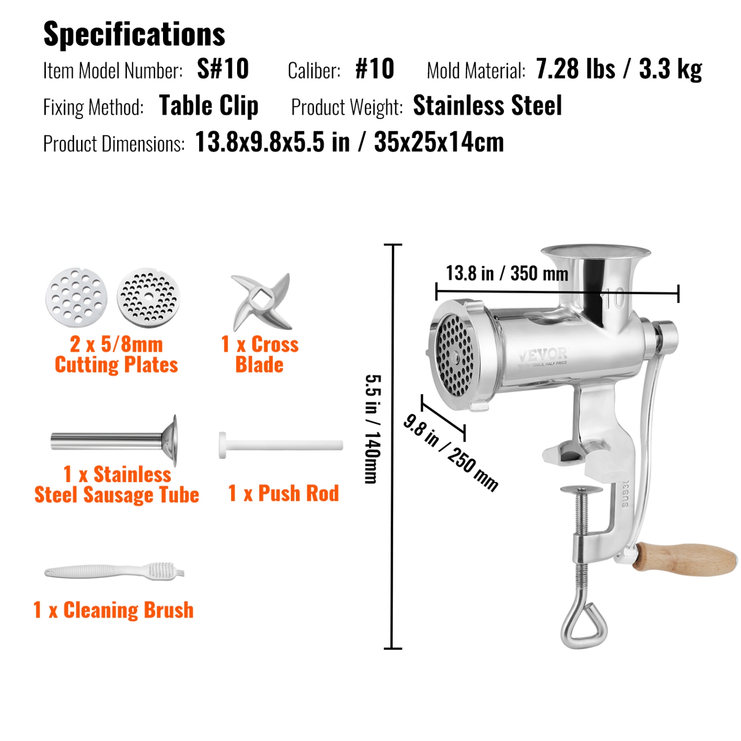 VEVOR Manual Meat Grinder, 304 Stainless Steel Hand Meat Grinder with Steel Table Clamp, Meat Sausage Maker with 1 Cutting Blade, 2 Cutting Plates,