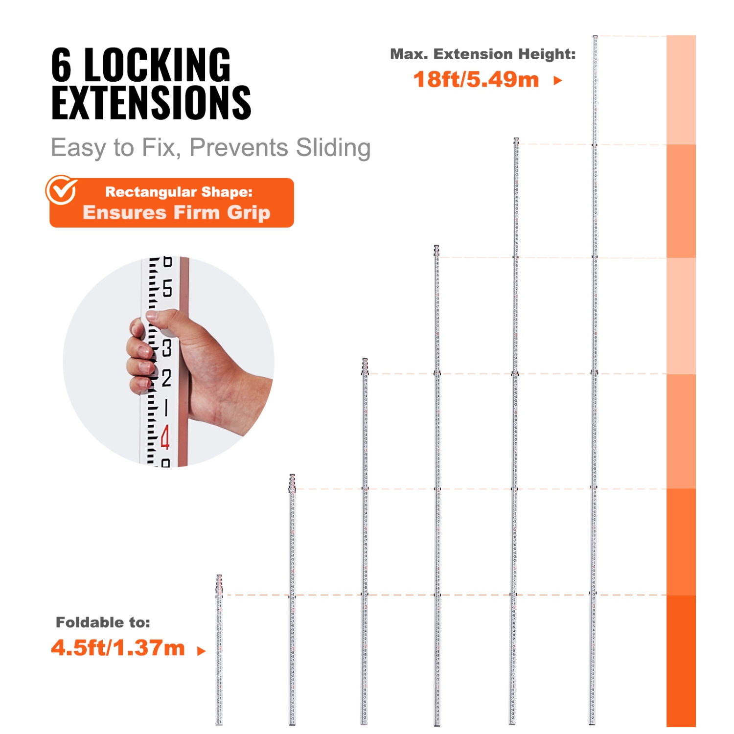 VEVOR 18-Feet/10ths Aluminum Grade Rod, 6 Sections Telescopic Measuring Rod,Double-Sided Scale 1/10ft Leveling Rod Stick,Aluminum Alloy Survey Rod w/