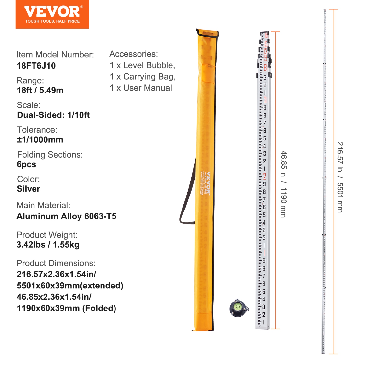 VEVOR 18-Feet/10ths Aluminum Grade Rod, 6 Sections Telescopic Measuring Rod,Double-Sided Scale 1/10ft Leveling Rod Stick,Aluminum Alloy Survey Rod w/