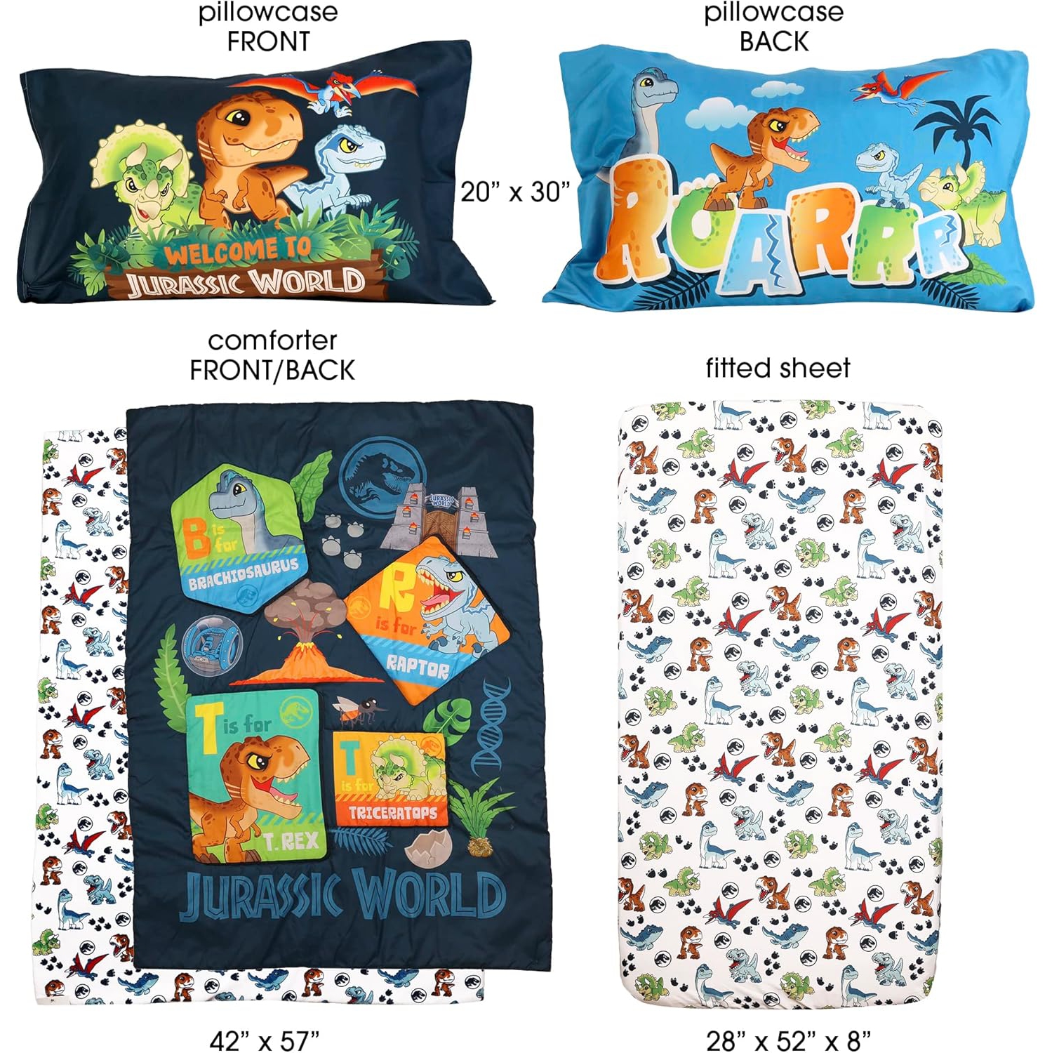Ensemble de draps 3 pièces ultradoux et confortables pour enfants de Jurassic World - Couvre-lit, drap-housse et taie d'oreiller