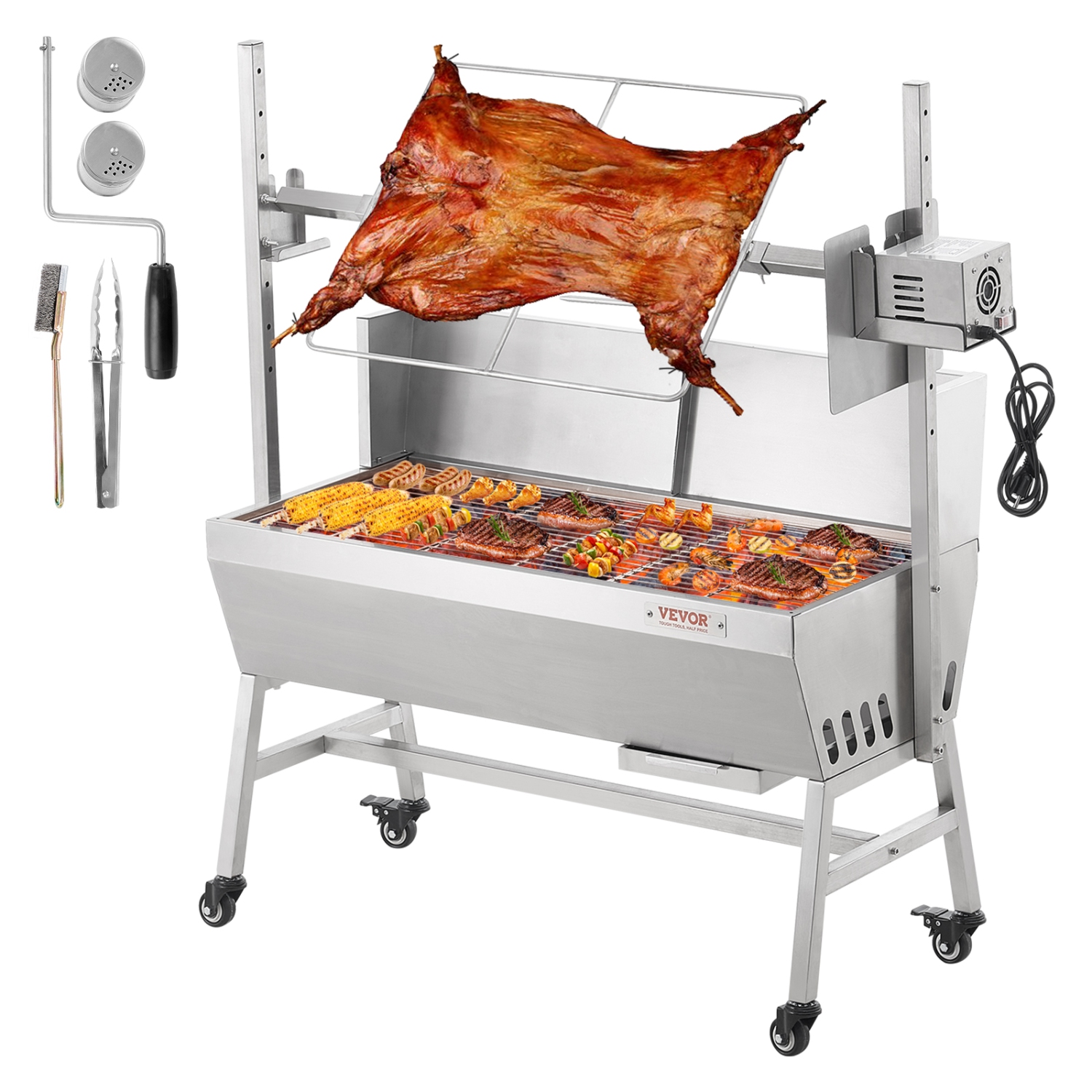VEVOR 35 Inch Rotisserie Grill with Windscreen, BBQ Whole Pig Lamb Goat Charcoal Spit Grill, 90 Lbs Capacity, Electric 42W Motor Stainless Steel