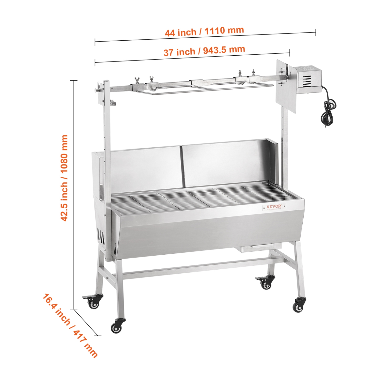 VEVOR 35 Inch Rotisserie Grill with Windscreen, BBQ Whole Pig Lamb Goat Charcoal Spit Grill, 90 Lbs Capacity, Electric 42W Motor Stainless Steel