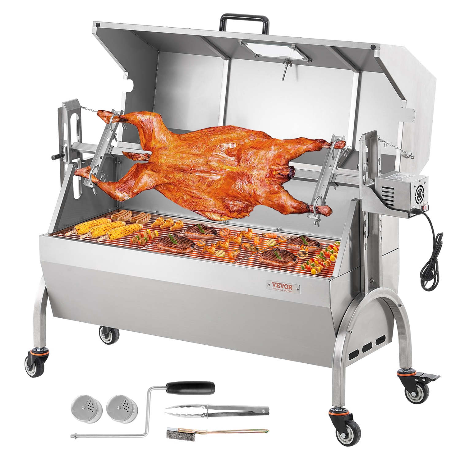 VEVOR 46 Inch Rotisserie Grill with Hooded Cover, BBQ Whole Pig Lamb Goat Charcoal Spit Grill, 132Lbs Capacity, Electric 52W Motor Stainless Steel