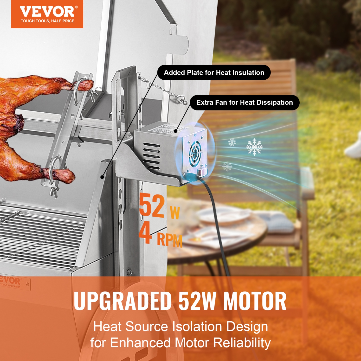 VEVOR 46 Inch Rotisserie Grill with Hooded Cover, BBQ Whole Pig Lamb Goat Charcoal Spit Grill, 132Lbs Capacity, Electric 52W Motor Stainless Steel