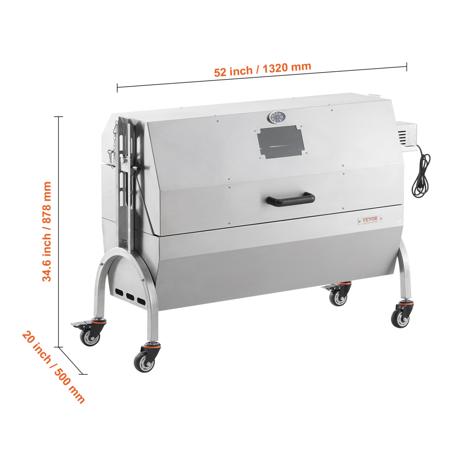 VEVOR 46 Inch Rotisserie Grill with Hooded Cover, BBQ Whole Pig Lamb Goat Charcoal Spit Grill, 132Lbs Capacity, Electric 52W Motor Stainless Steel