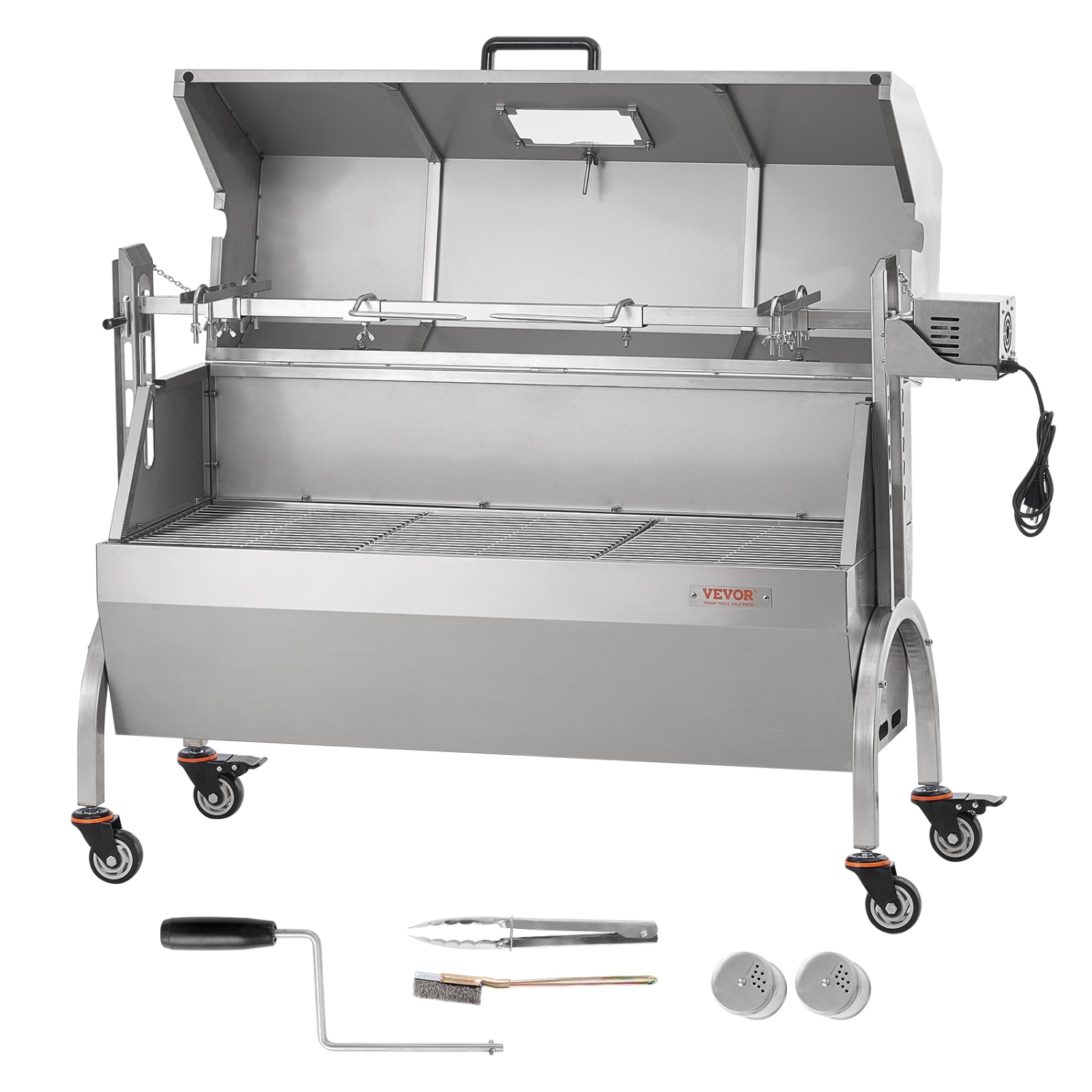 VEVOR 46 Inch Rotisserie Grill with Hooded Cover, BBQ Whole Pig Lamb Goat Charcoal Spit Grill, 132Lbs Capacity, Electric 52W Motor Stainless Steel