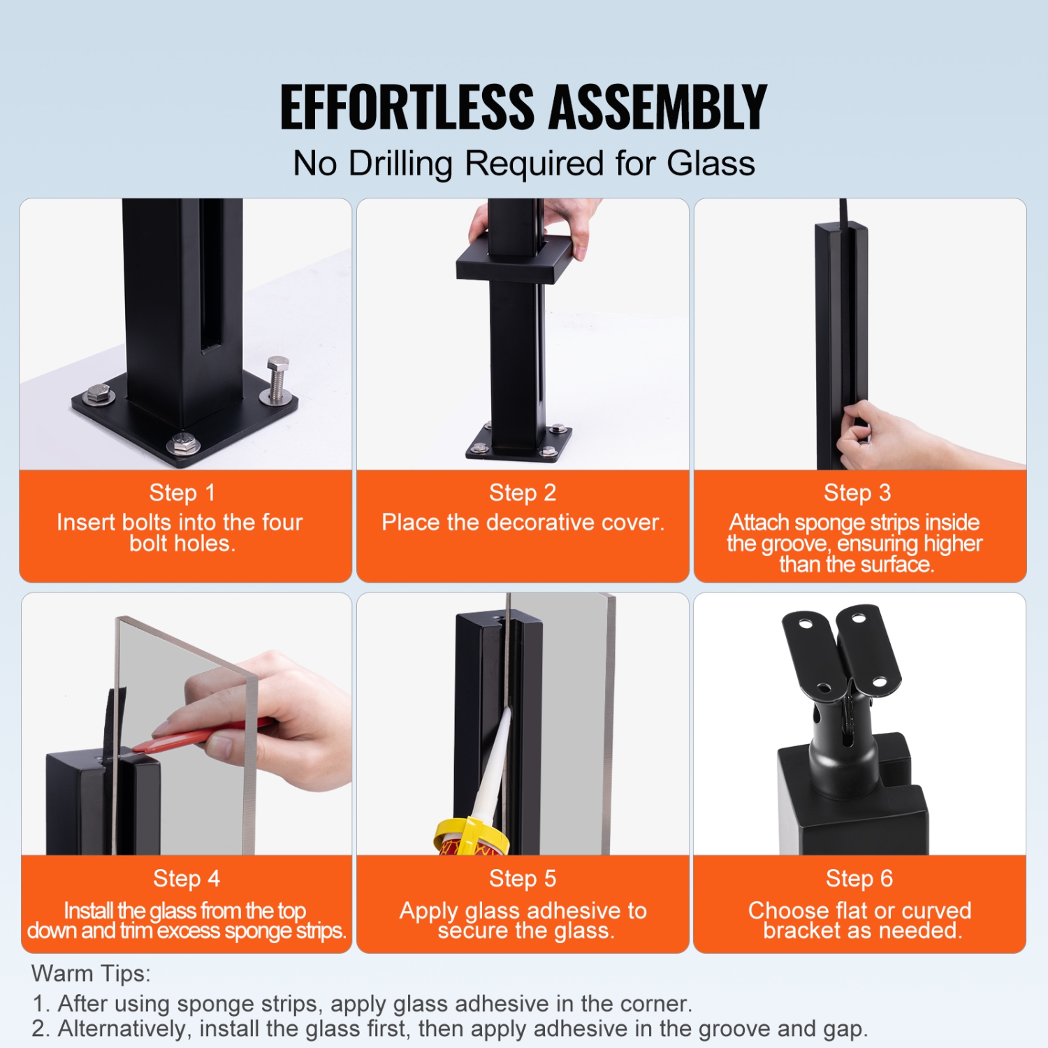 VEVOR 35.83" Height Glass Clamp, Glass Railing Bracket for 0.39 "-0.47 " Thickness Tempered Glass, 304 Stainless Steel Glass Mounting Clamp, Glass