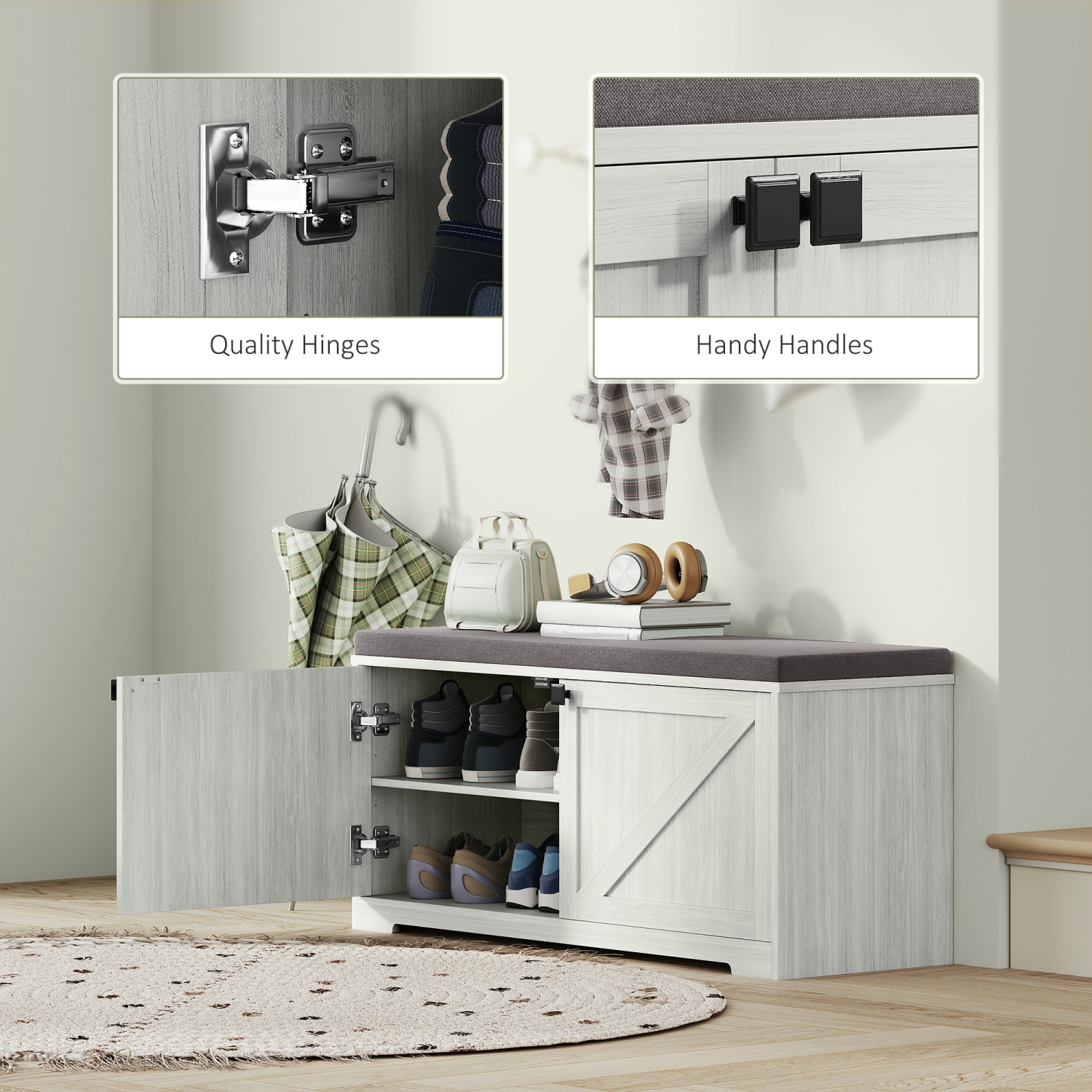 Banc à chaussures de HOMCOM avec coussin rembourré et 4 compartiments fermés, banc d'entrée 352 lb, armoire à chaussures pour salon, couloir, 8