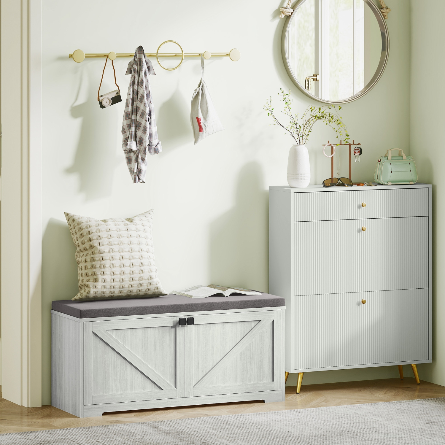 Banc à chaussures de HOMCOM avec coussin rembourré et 4 compartiments fermés, banc d'entrée 352 lb, armoire à chaussures pour salon, couloir, 8