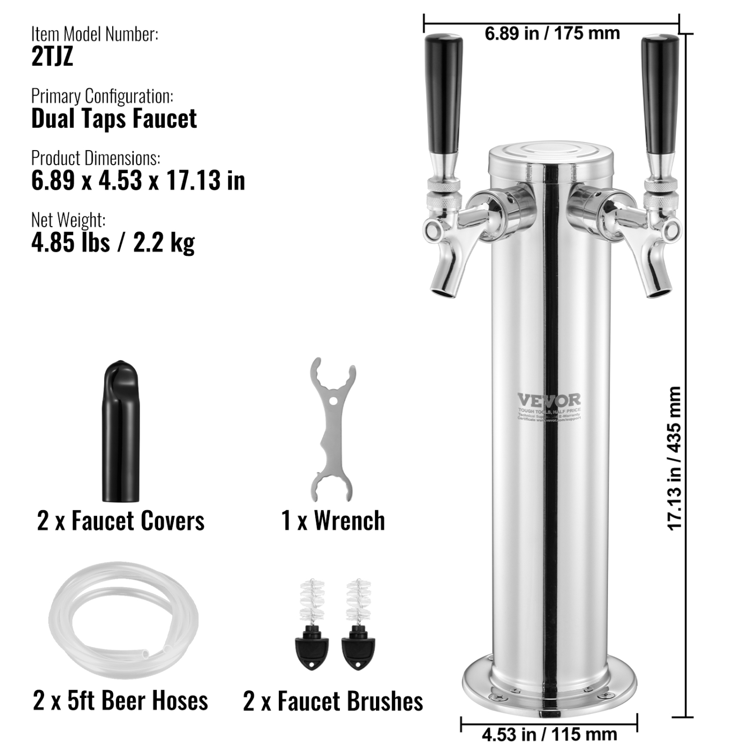 Distributeur de canettes à bière VEVOR Dual Taps, colonne à bière en acier inoxydable, ensemble de tour Kegerator avec tubes préassemblés et tiges à