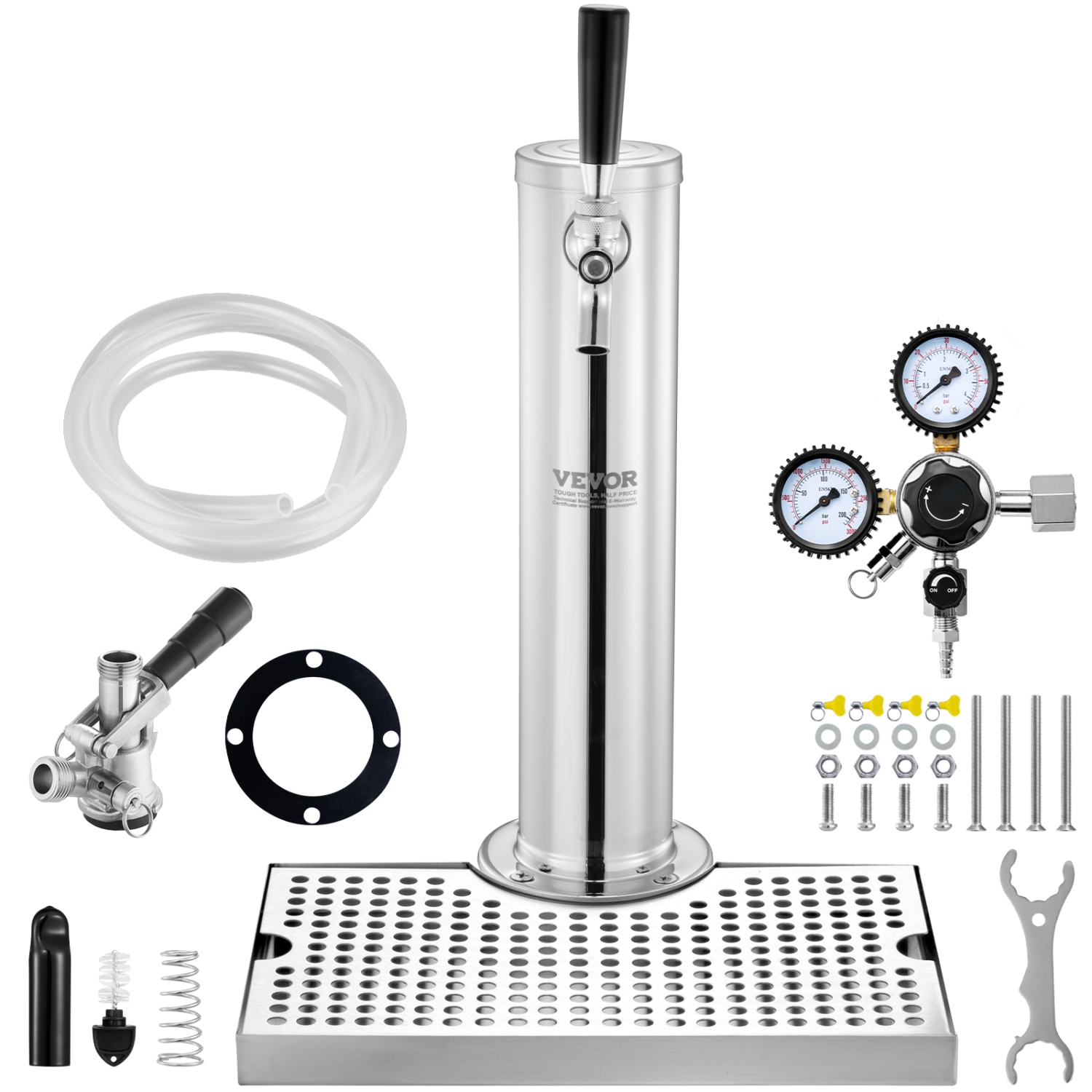 VEVOR CGA320 Regulator Kegerator Tower Kit, Single Tap Beer Conversion Kit, Stainless Steel Keg Beer Tower Dispenser with D-System Keg Coupler, Beer