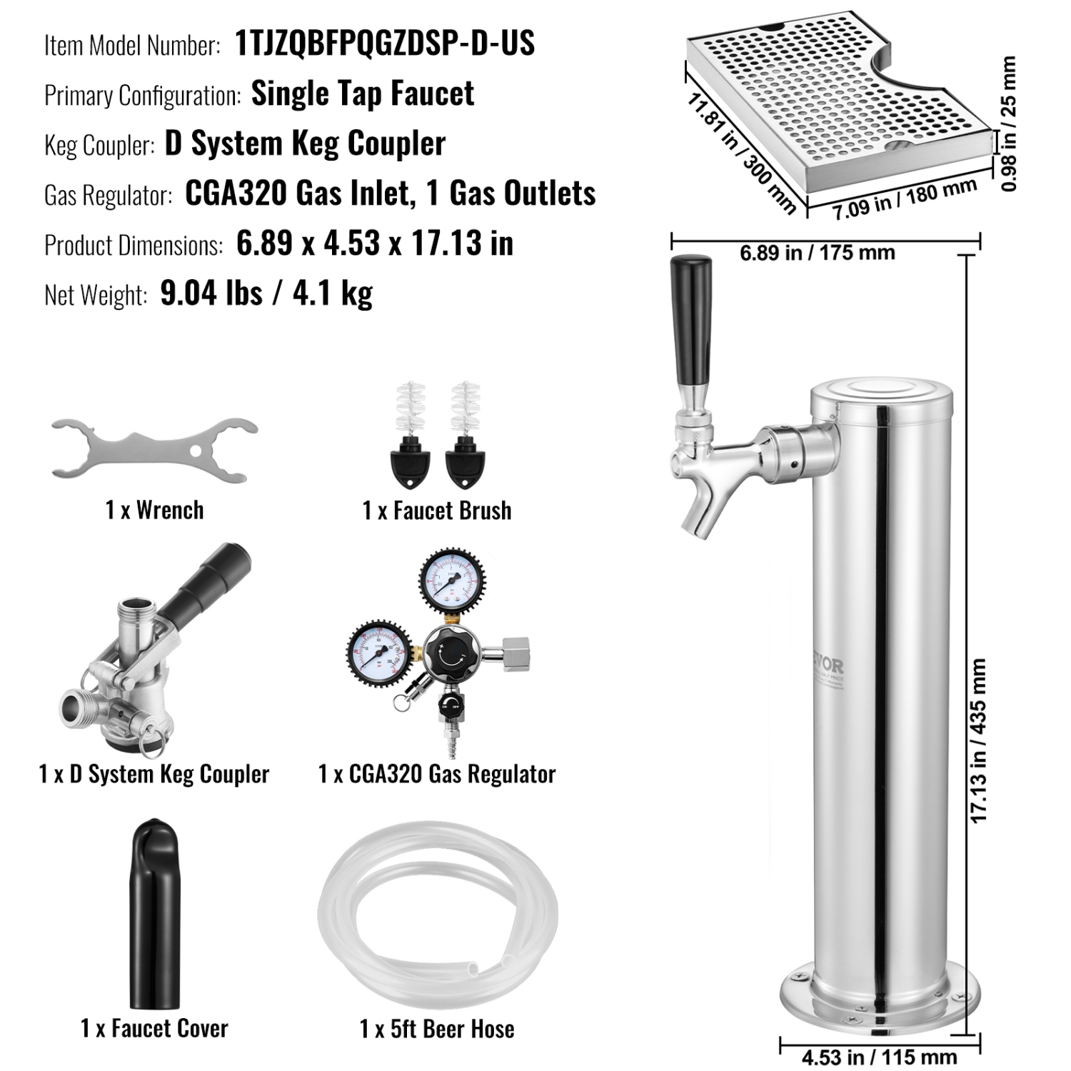 VEVOR CGA320 Regulator Kegerator Tower Kit, Single Tap Beer Conversion Kit, Stainless Steel Keg Beer Tower Dispenser with D-System Keg Coupler, Beer
