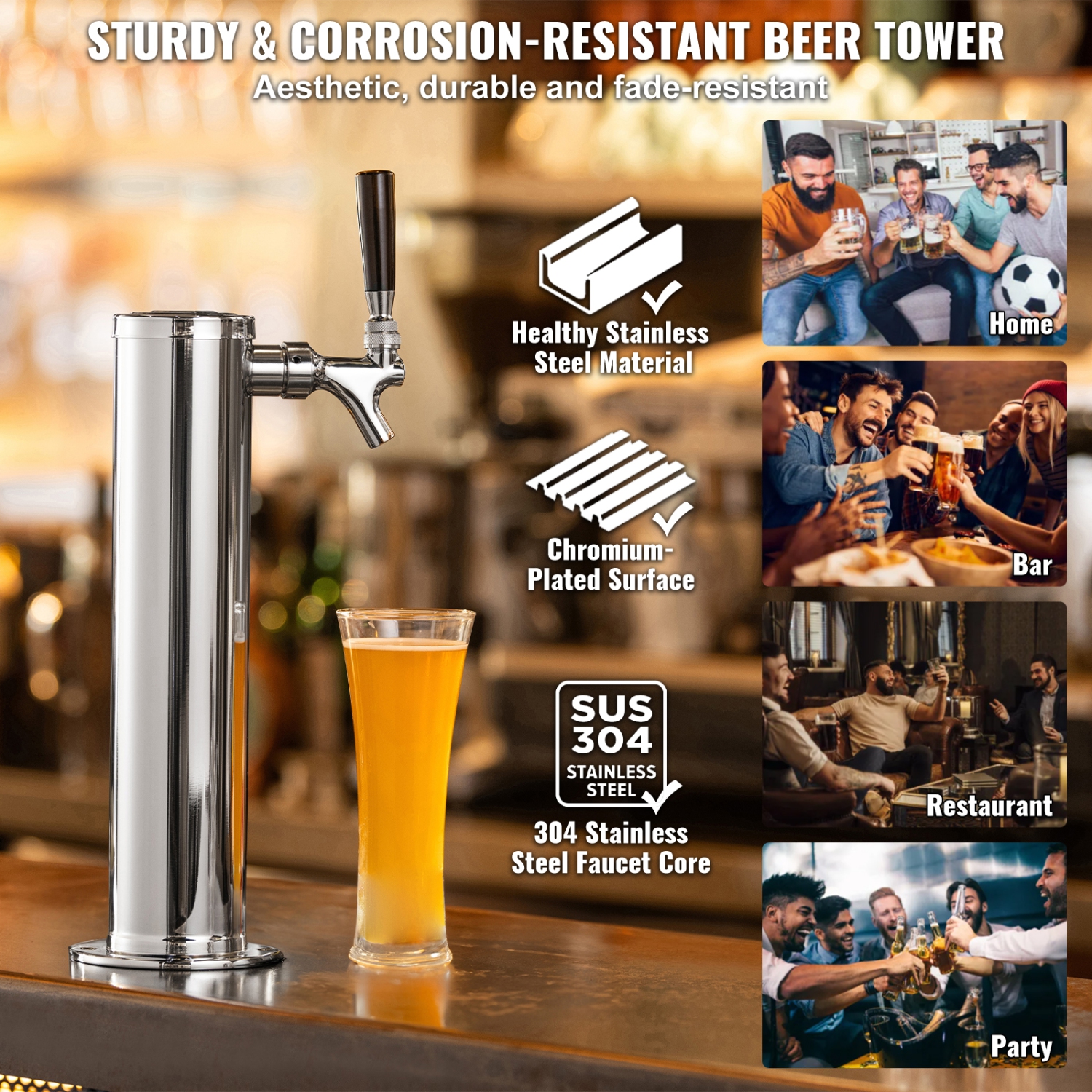 VEVOR CGA320 Regulator Kegerator Tower Kit, Single Tap Beer Conversion Kit, Stainless Steel Keg Beer Tower Dispenser with D-System Keg Coupler,