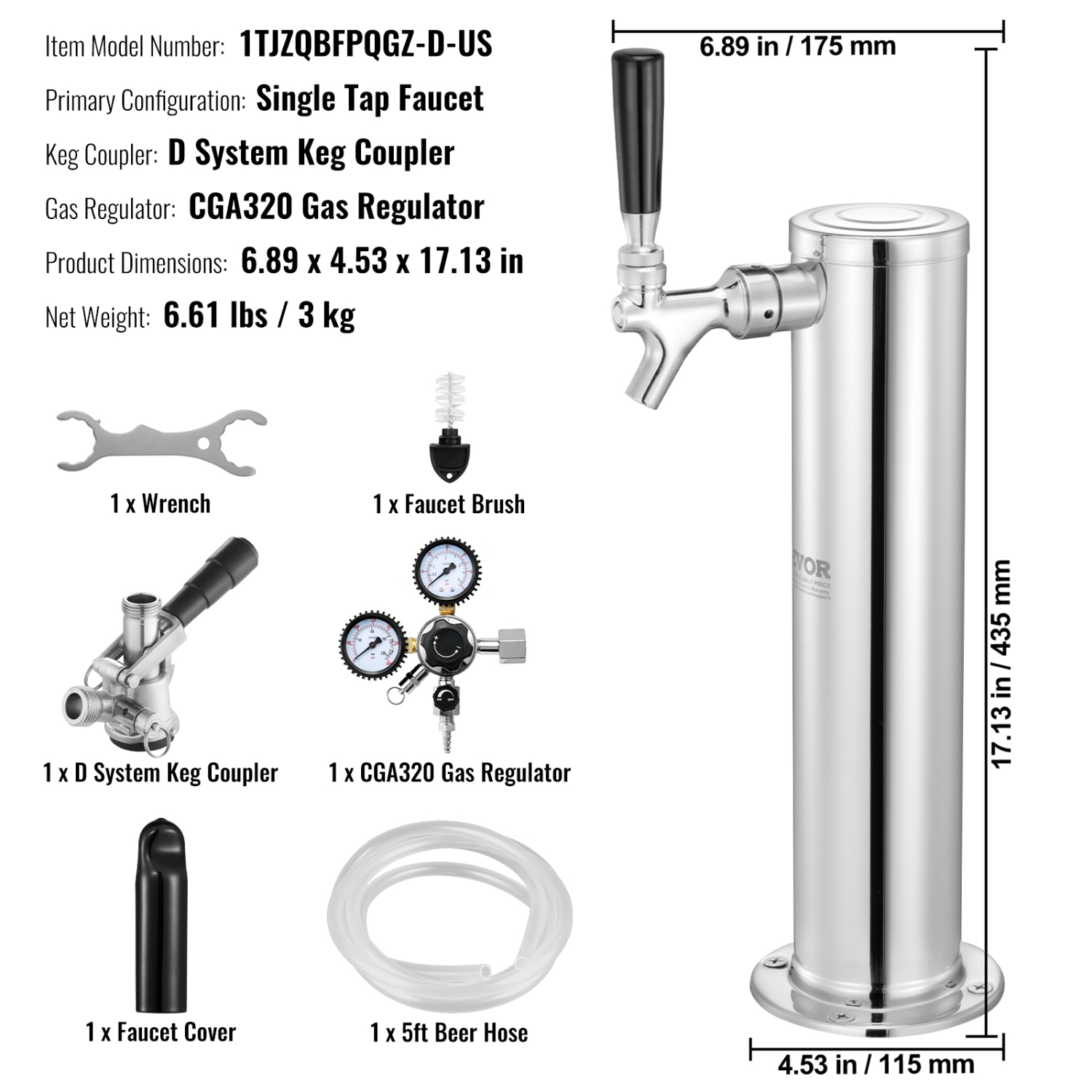 VEVOR CGA320 Regulator Kegerator Tower Kit, Single Tap Beer Conversion Kit, Stainless Steel Keg Beer Tower Dispenser with D-System Keg Coupler,