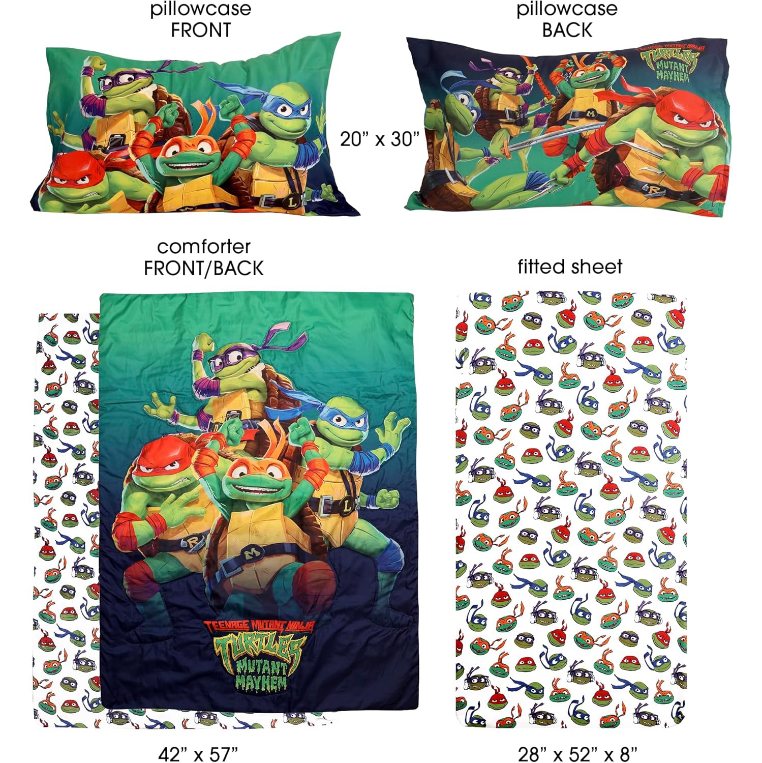 Ensemble de draps 3 pièces pour enfants Tortues Ninja de Teenage Mutant – Couvre-lit, drap-housse et taie d'oreiller