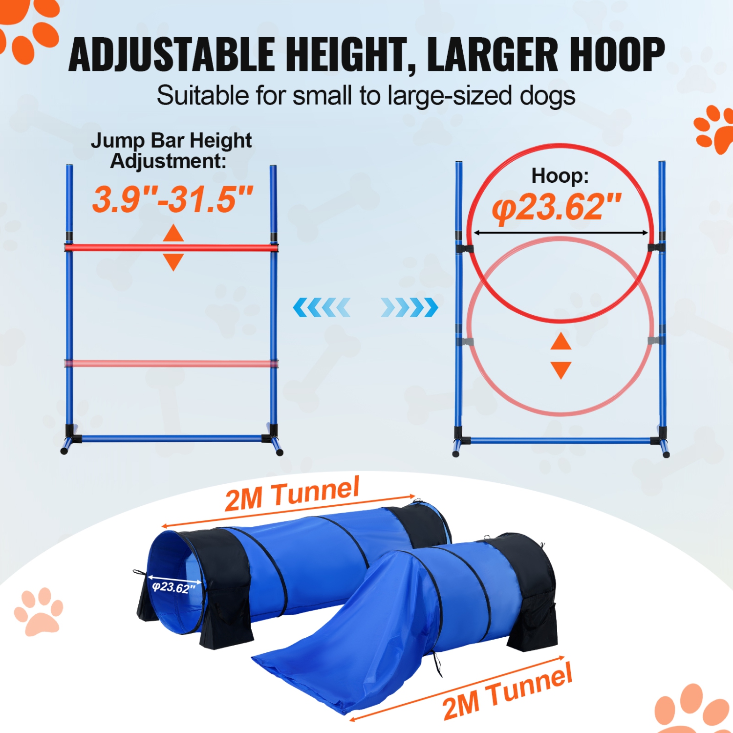 VEVOR Dog Agility Training Equipment, 7 PCS Set w/ Adjustable High Hurdles,6 Weave Poles,2 Tunnels,Jump Ring,Pause Box,Whistle,Foldable Bowl,Puppy