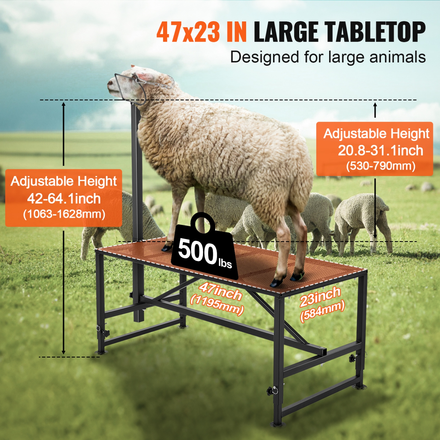 VEVOR 47x23 inch Goat & Sheep Stand, Livestock Stand, Metal Livestock Milking and Shearing Stand 21" to 33" Adjustable Height, with Headpiece and