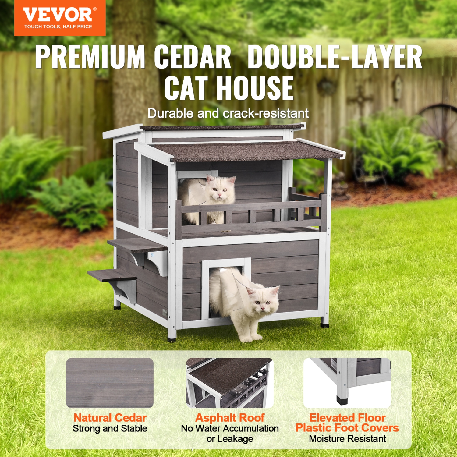 Cabane pour chats d'extérieur VEVOR, 30 larg. X 32 haut., abri pour chats multiples, grande maison pour chats en bois à 2 étages avec balcon, portes,