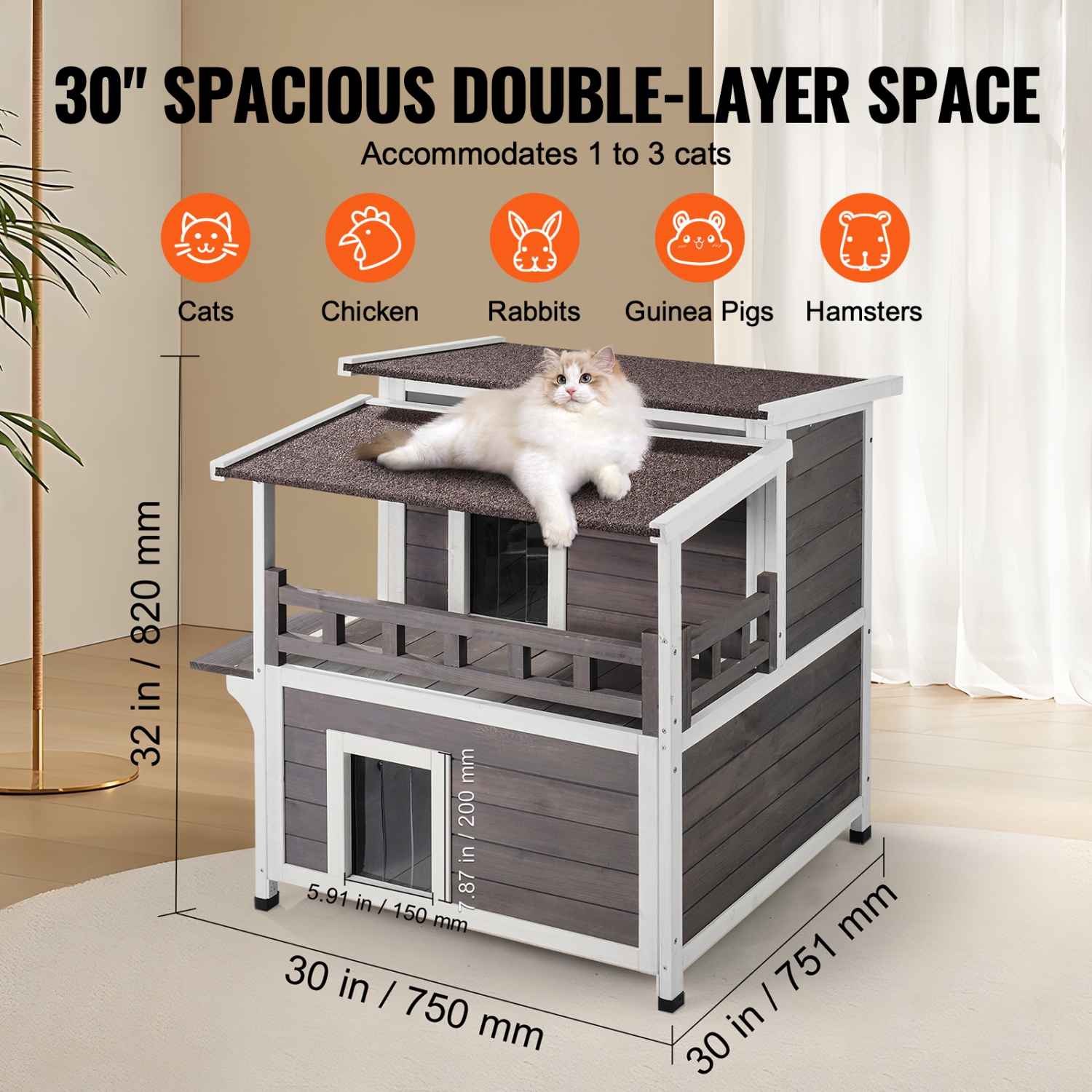 Cabane pour chats d'extérieur VEVOR, 30 larg. X 32 haut., abri pour chats multiples, grande maison pour chats en bois à 2 étages avec balcon, portes,