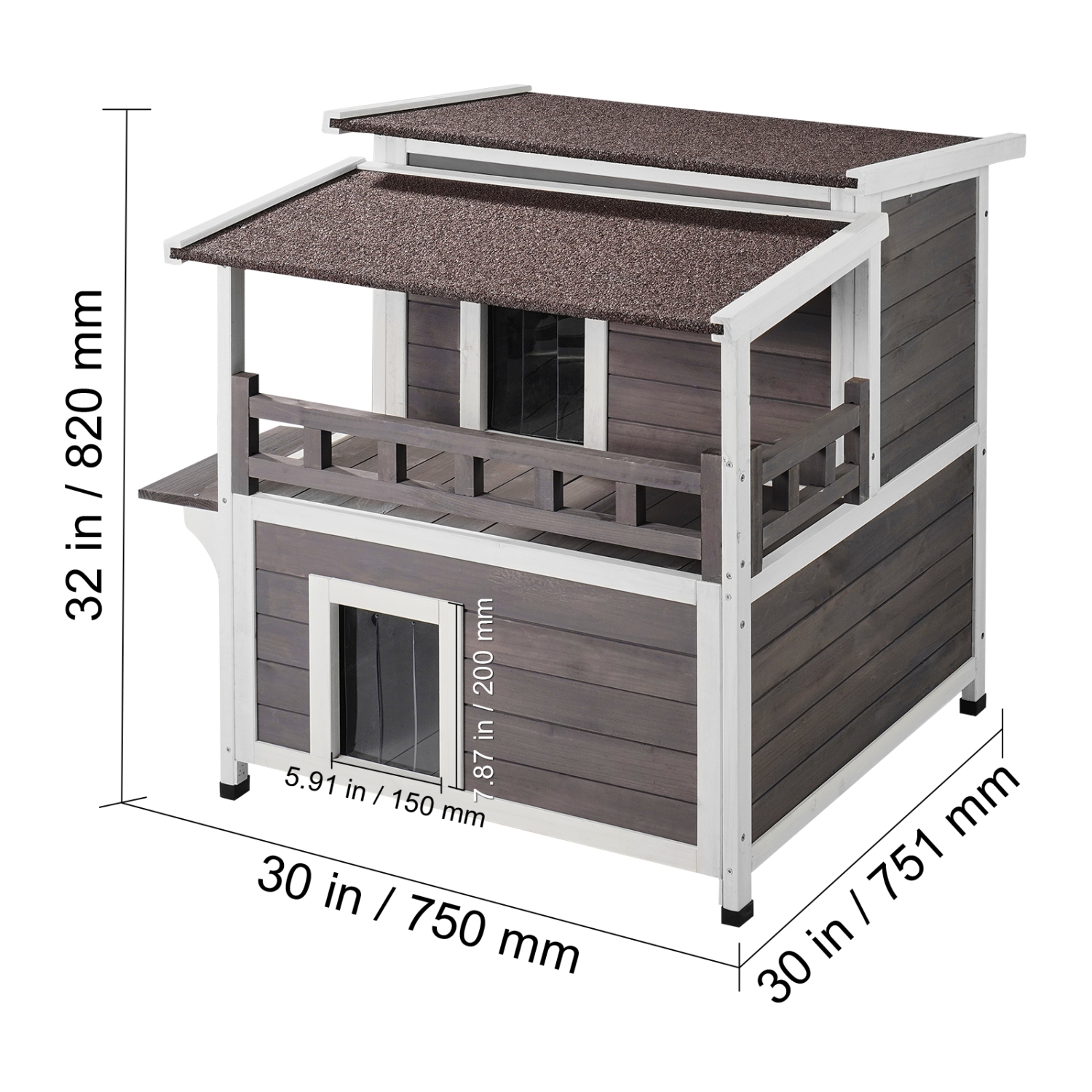 Cabane pour chats d'extérieur VEVOR, 30 larg. X 32 haut., abri pour chats multiples, grande maison pour chats en bois à 2 étages avec balcon, portes,