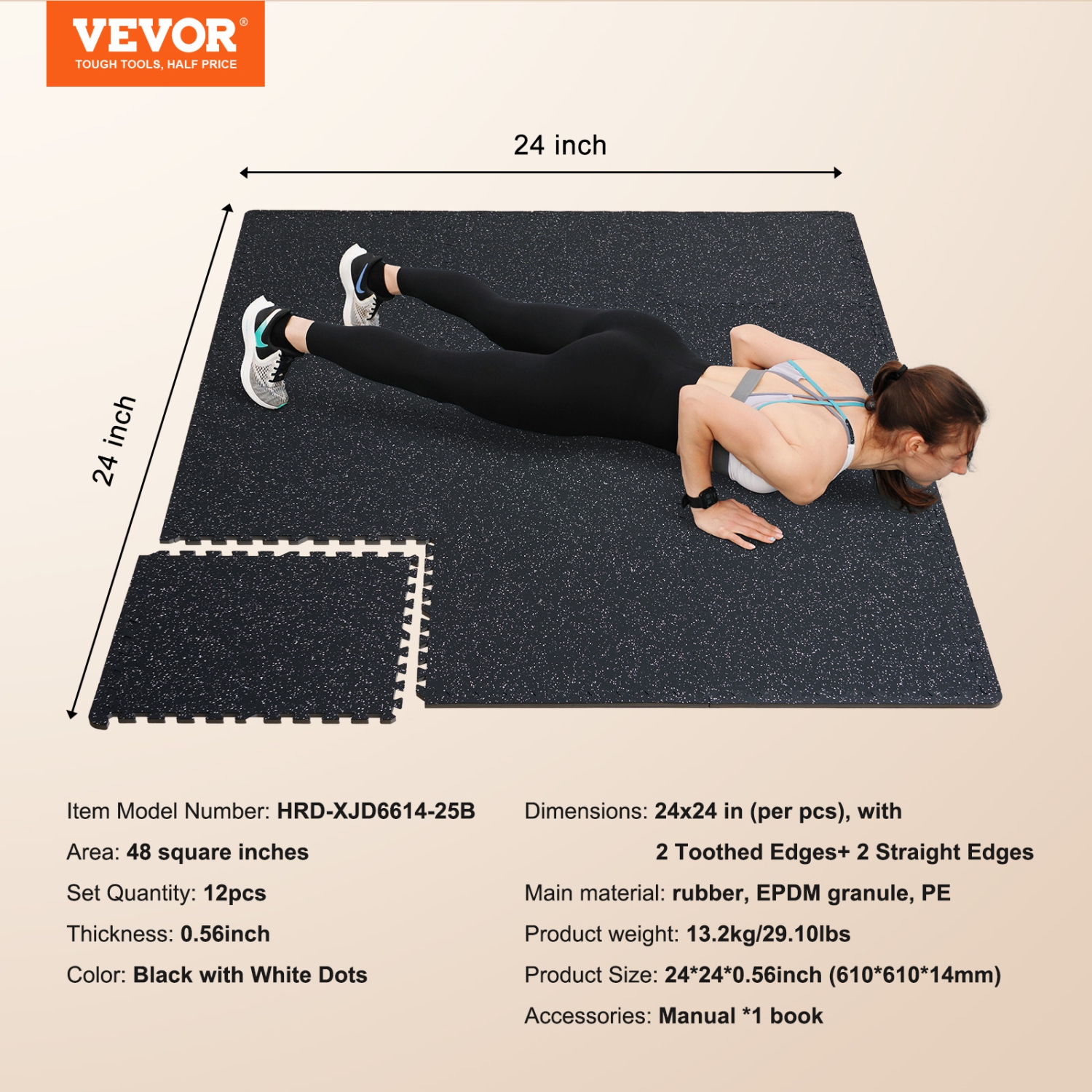 VEVOR 0.56 Inch Thick Gym Floor Mats, 12 Tiles Rubber Top with EVA Foam, 24" x 24" Gym Flooring Workout Mats with 48 sq.ft Coverage, Interlocking