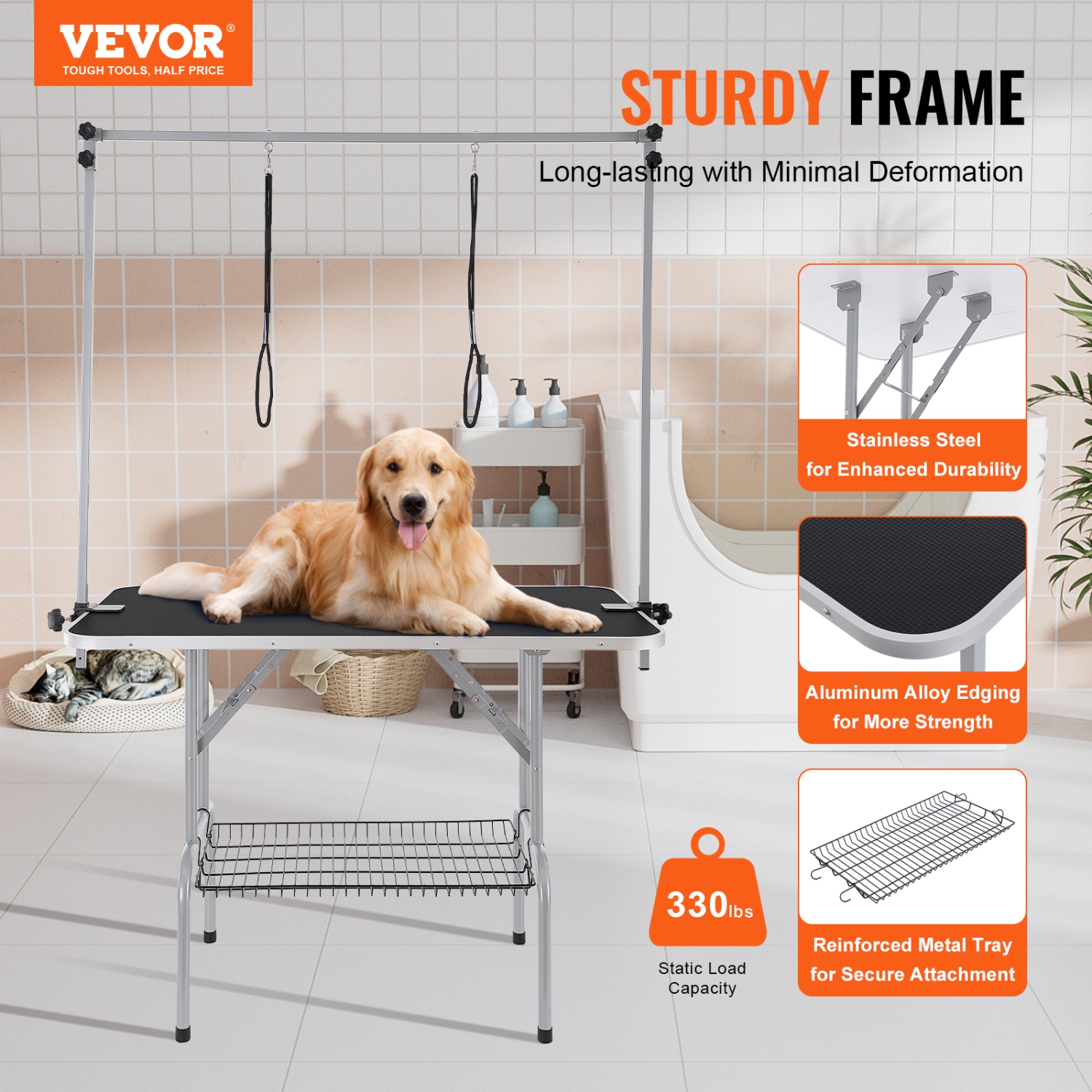 VEVOR 46'' Pet Grooming Table Two Arms with Clamp, Foldable Pets Grooming Stand for Medium and Small Dogs, Free No Sit Haunch Holder with Grooming