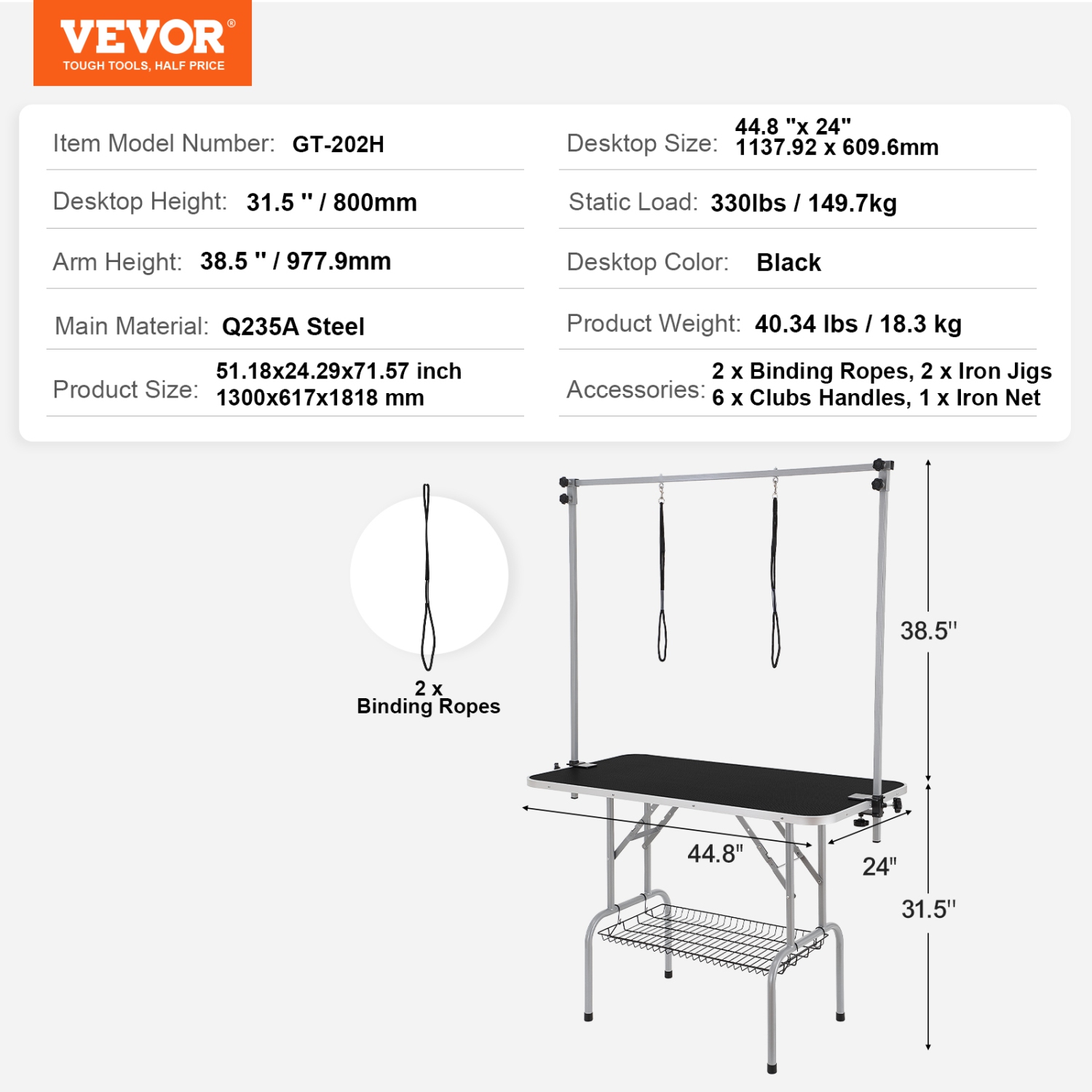 VEVOR 46'' Pet Grooming Table Two Arms with Clamp, Foldable Pets Grooming Stand for Medium and Small Dogs, Free No Sit Haunch Holder with Grooming