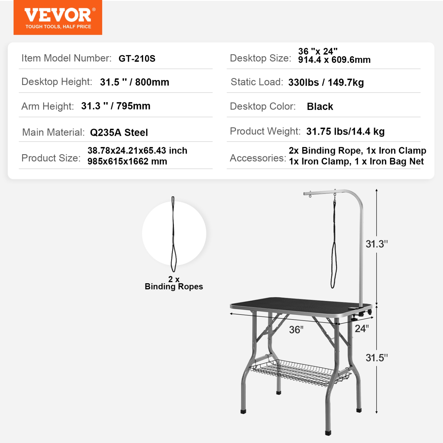 VEVOR 36''x24'' Pet Grooming Table Arm with Clamp, Foldable Pets Grooming Stand for Medium and Small Dogs, Free No Sit Haunch Holder with Grooming