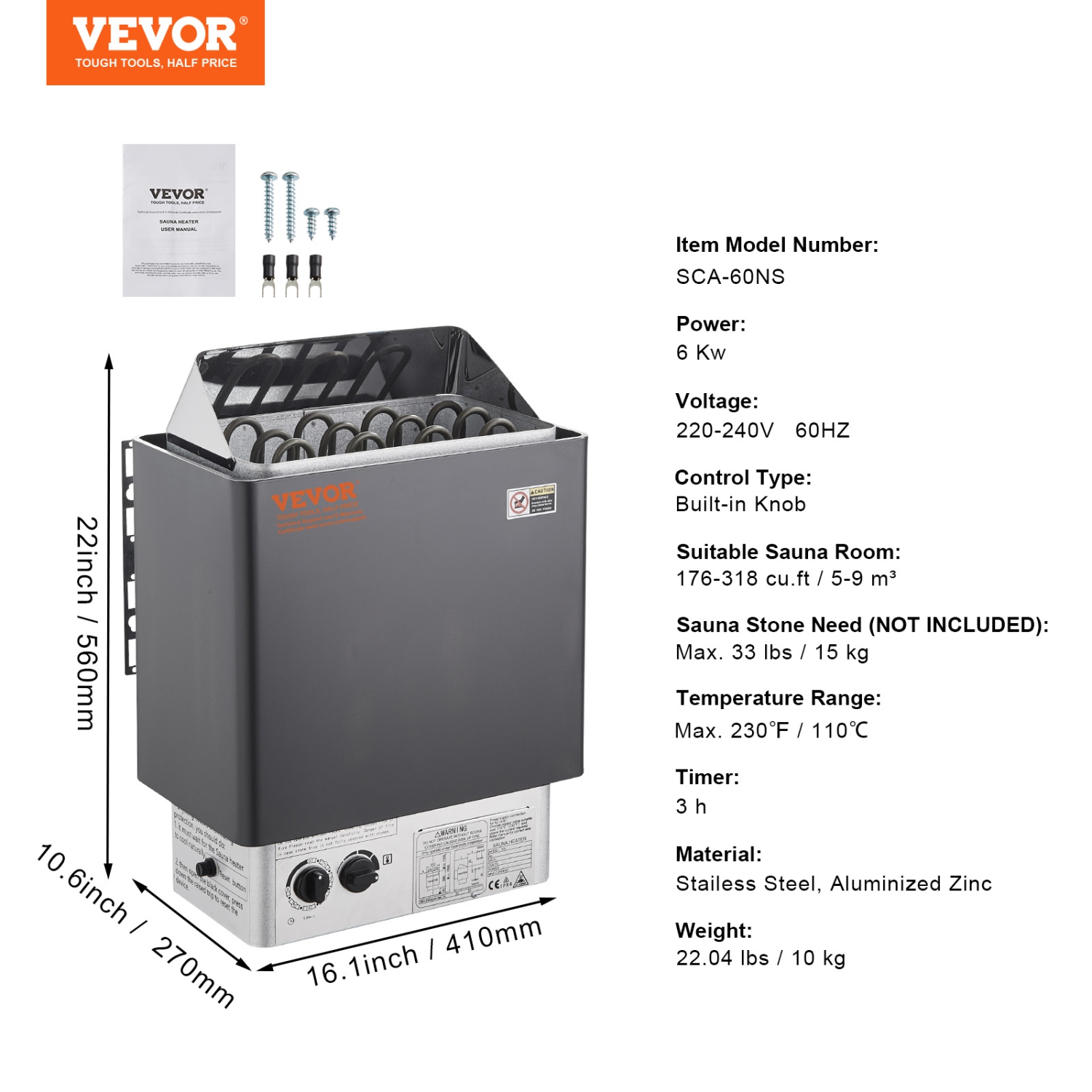 VEVOR 6KW Sauna Heater, 220V Electric Sauna Stove, Steam Bath Sauna Heater with Built-In Controls, 3h Timer and Adjustable Temp for Max. 176-318