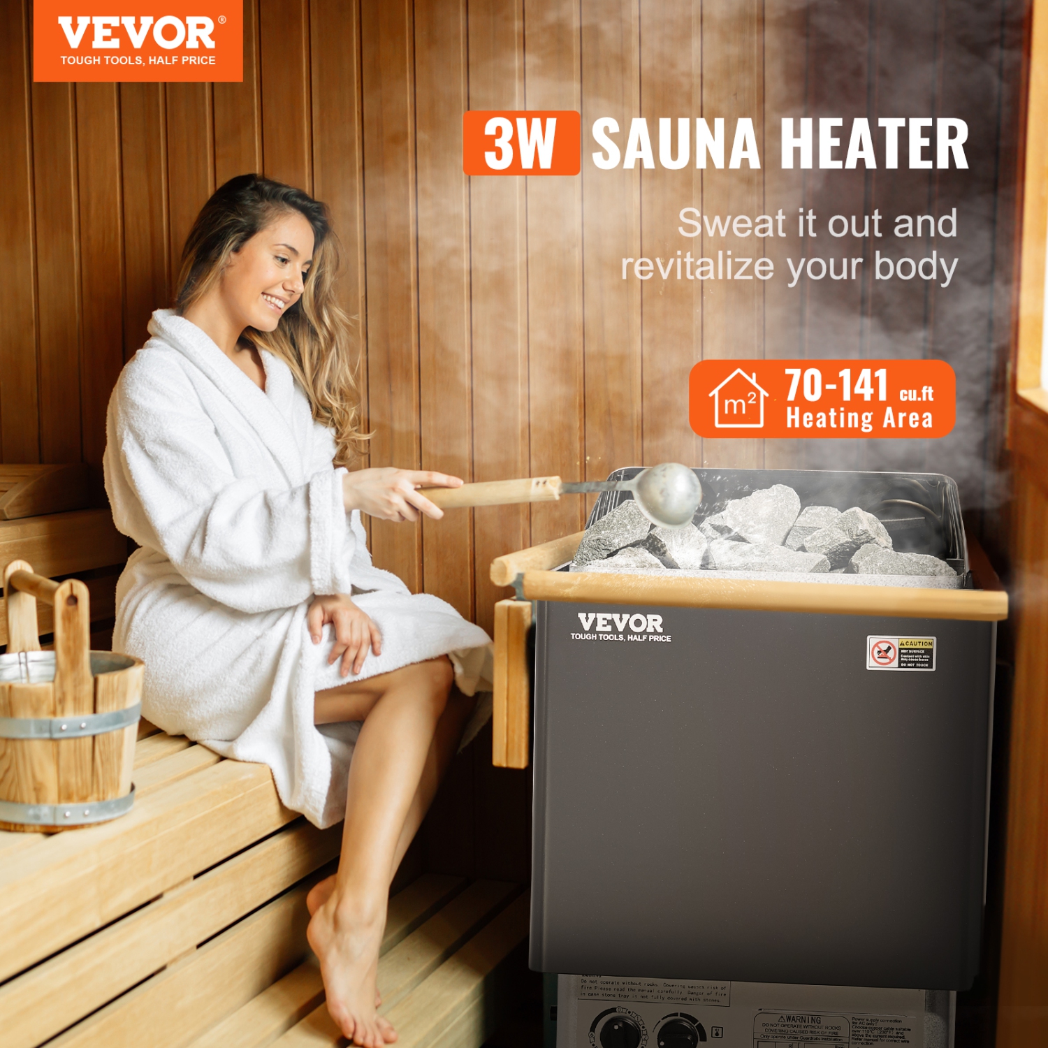 VEVOR 3KW Sauna Heater, 220V Electric Sauna Stove, Steam Bath Sauna Heater with Built-In Controls, 3h Timer and Adjustable Temp for Max. 70-141 Cubic