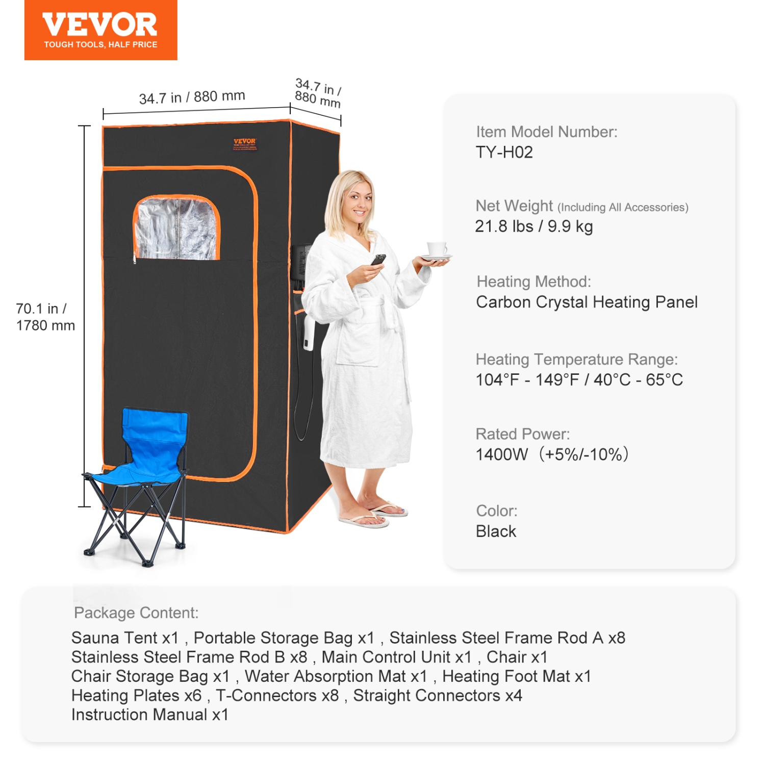 VEVOR Portable Sauna Tent, 1400W Personal Sauna Kit, Detoxify & Soothing Infrared Heated Body Therapy, Time & Temperature Remote Control with Chair &