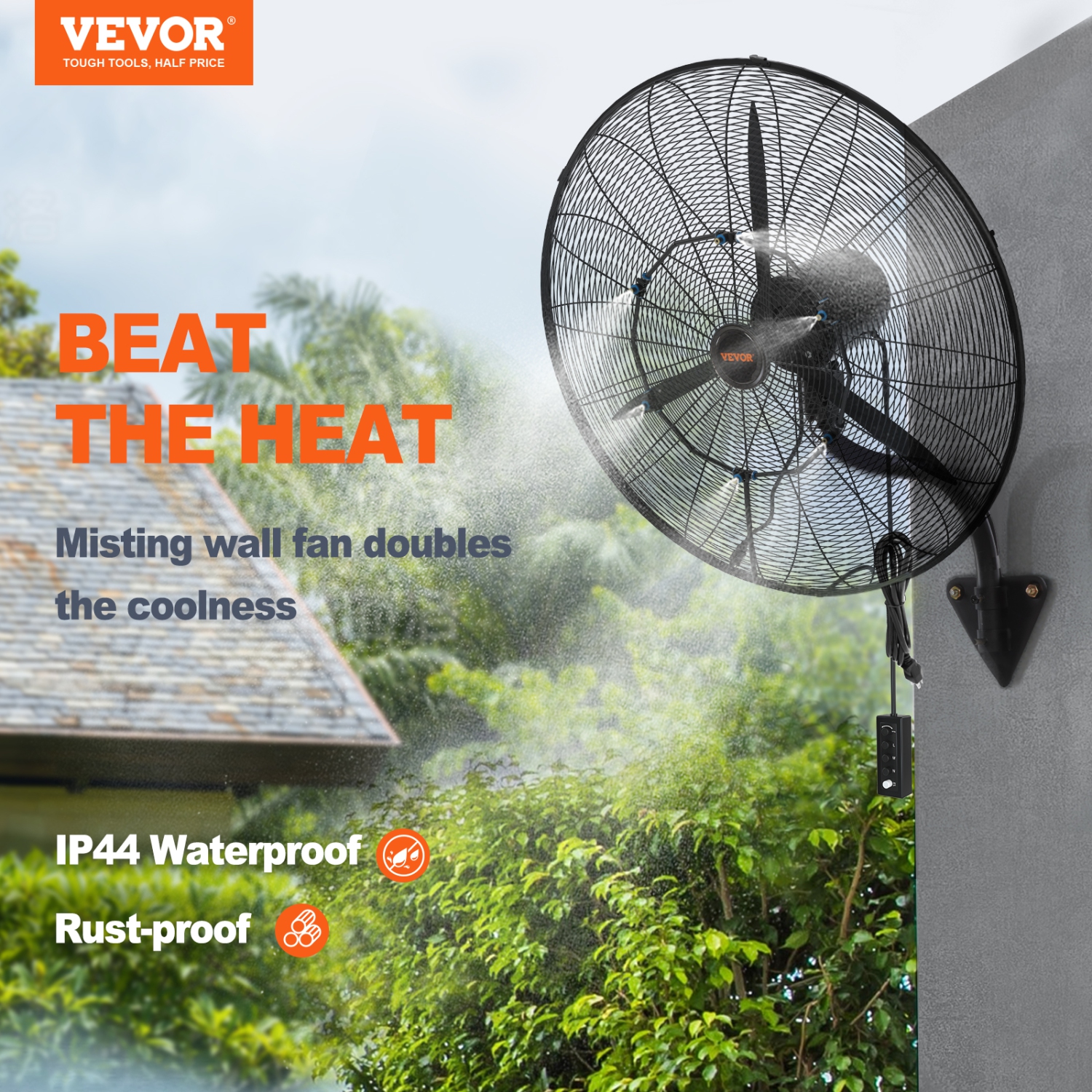 VEVOR 24 Inch Wall-Mount Misting Fan, 3-speed High Velocity Max. 7000 CFM, Waterproof Oscillating Industrial Wall Fan, Commercial or Residential for