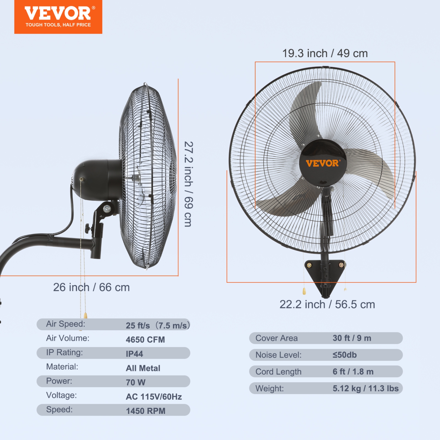 VEVOR 20 Inch Wall Mount Fan, 3-speed High Velocity Max. 4650 CFM Oscillating Industrial Wall Fan, Commercial or Residential for Warehouse,