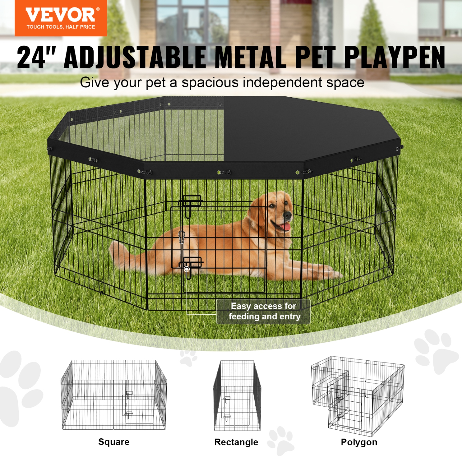 VEVOR 8 Panels Foldable Metal Dog Exercise Pen with Top Cover,24" H Pet Fence Puppy Crate Kennel with Ground Stakes, Indoor Outdoor Dog Pen for Small