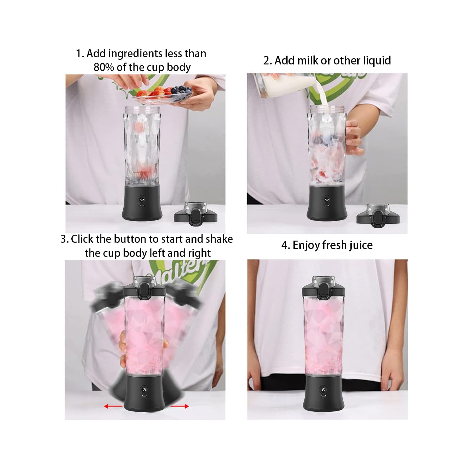 Mélangeur portatif 600&nbsp;ml/20&nbsp;oz, mini mélangeur rechargeable par USB - Noir