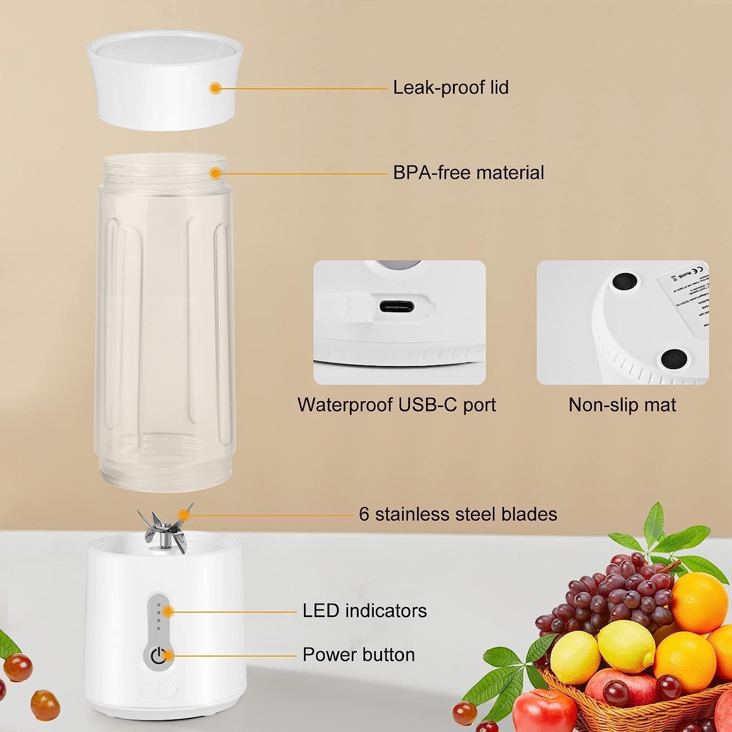 WhitePortable Personal Blender, Blender Smoothie Maker, USB Rechargeable 150W Smoothie Juicer Cup for Milkshakes and Smoothies, Sports, Travel and