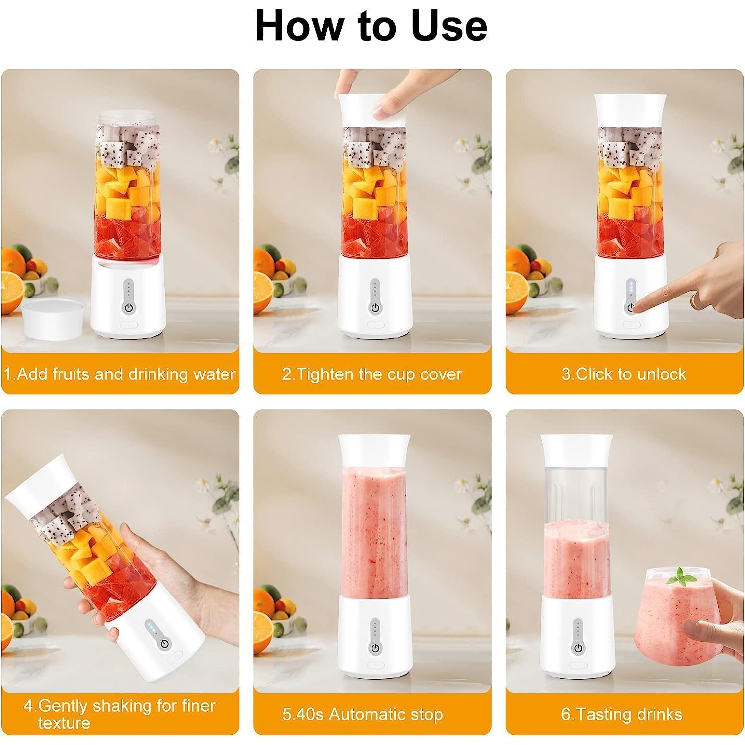 WhitePortable Personal Blender, Blender Smoothie Maker, USB Rechargeable 150W Smoothie Juicer Cup for Milkshakes and Smoothies, Sports, Travel and