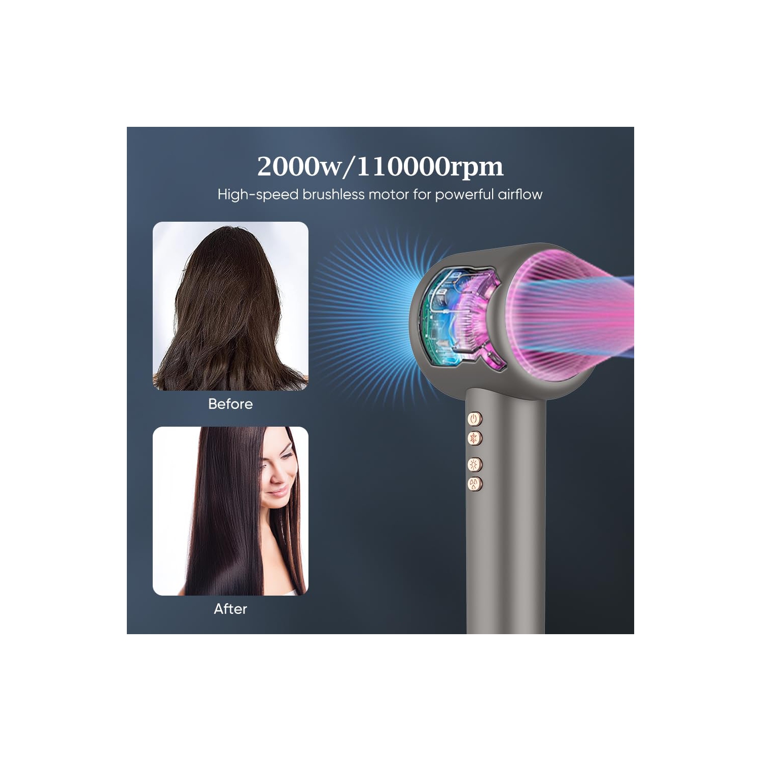 Hair Dryer - High Speed Brushless DC Motor Negative Ion Professional Hair Dryer, Fast Drying, Low Noise Electronic Temperature Control with Nozzle