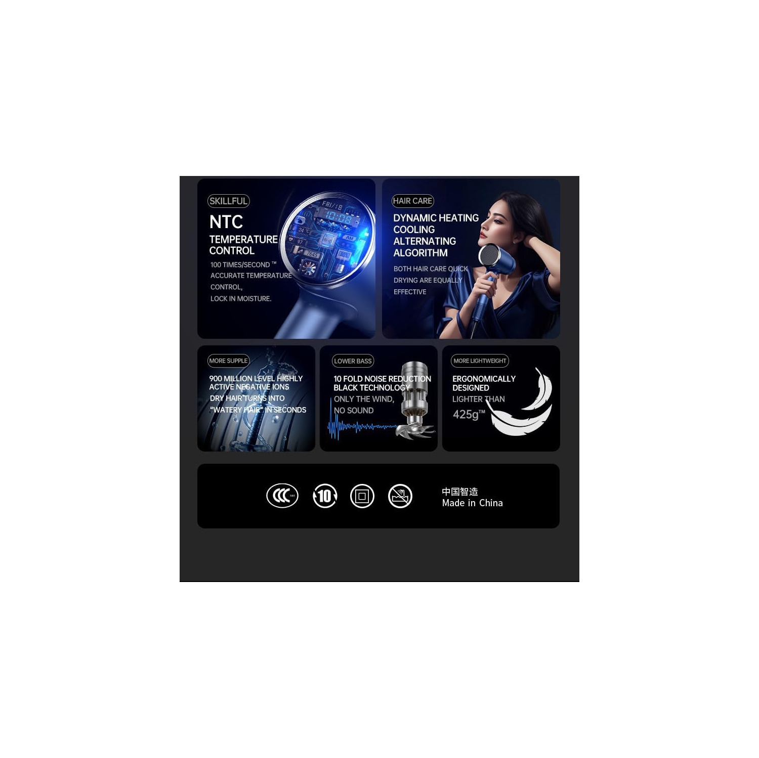 Smart hair dryer with digital display: High-speed hair dryer high-power hair dryer