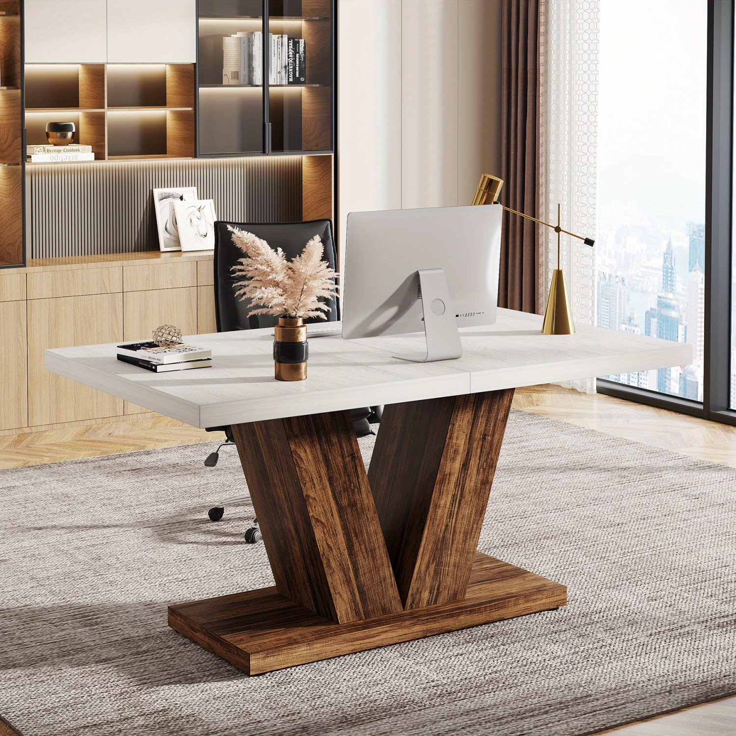 Lantine 47-Inch Dining Table For 4, White Kitchen Dinner Table With Heavy Duty Pedestal, Farmhouse en Eating Table For Home, Dining Room, Small