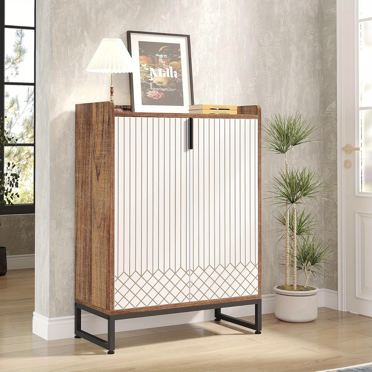 Armoire à chaussures moderne Lantine, 25 paires, portes, range-tout en bois à 5 niveaux, brun autonome avec cadre en métal noir pour chambre, salon