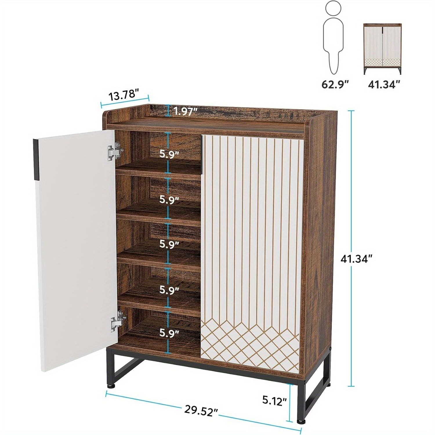 Armoire à chaussures moderne Lantine, 25 paires, portes, range-tout en bois à 5 niveaux, brun autonome avec cadre en métal noir pour chambre, salon